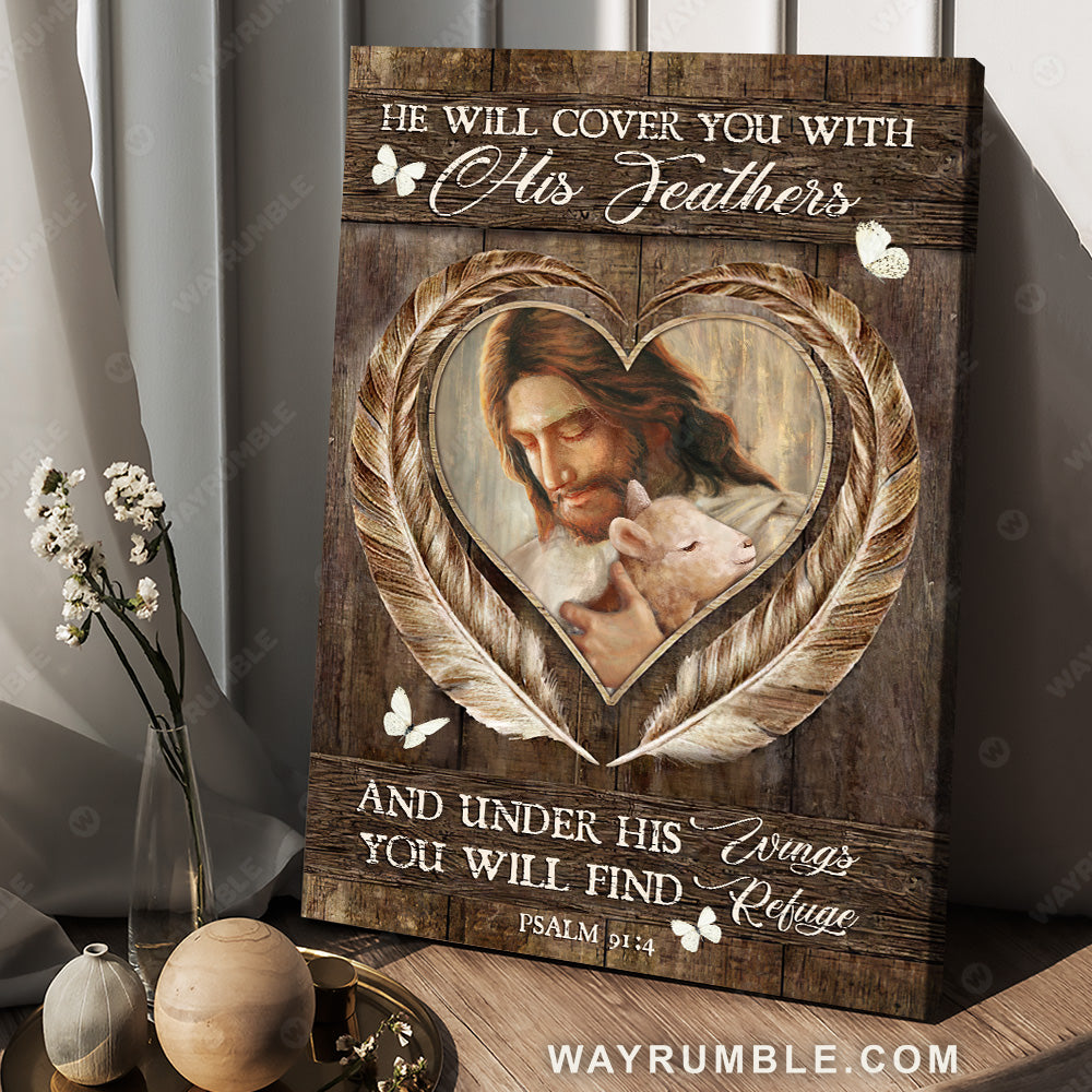 Jesus painting, Lamb drawing, Heart frame, He will cover you with his feathers - Jesus Portrait Canvas Prints, Wall Art