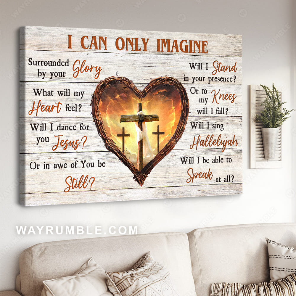 Wooden cross, Thorny heart, Infinite halo, Orange sunset, I can only imagine - Jesus Landscape Canvas Prints, Christian Wall Art