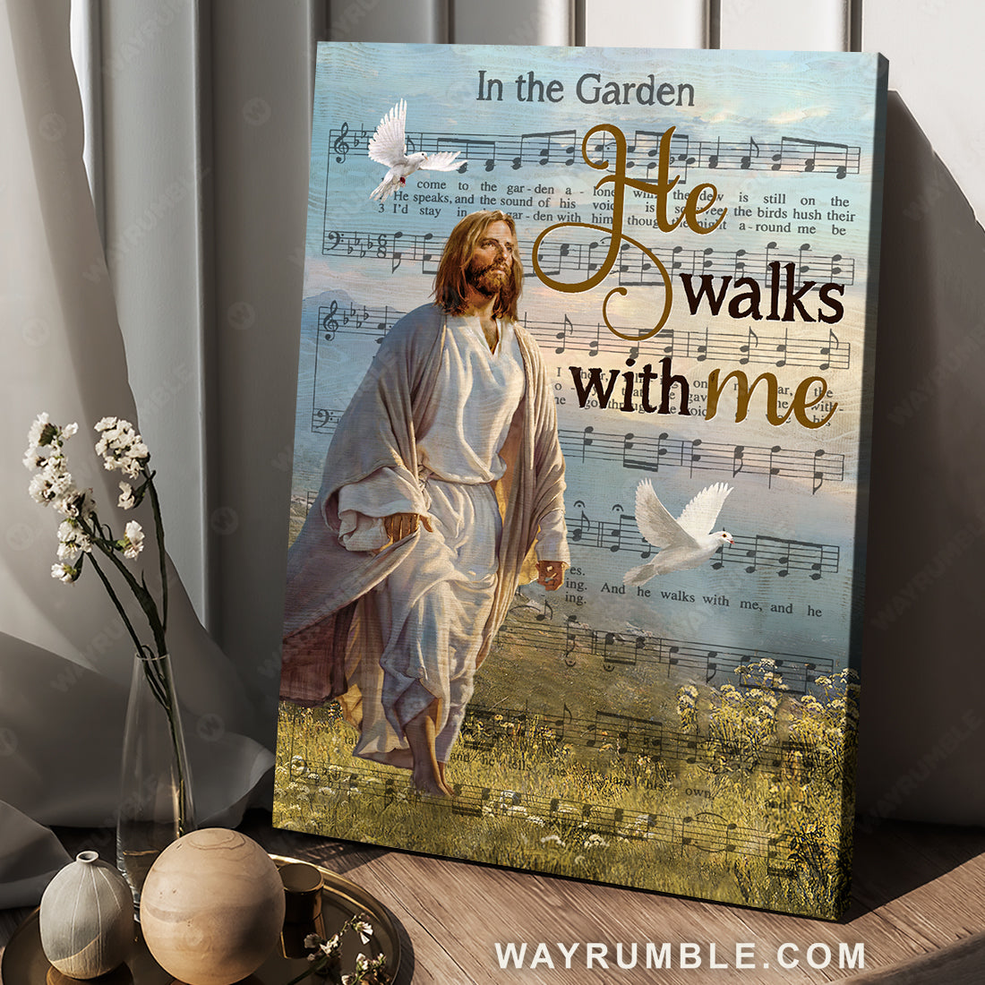 Jesus painting, Yellow flower field, White dove, He walks with me - Jesus Portrait Canvas Prints, Christian Wall Art
