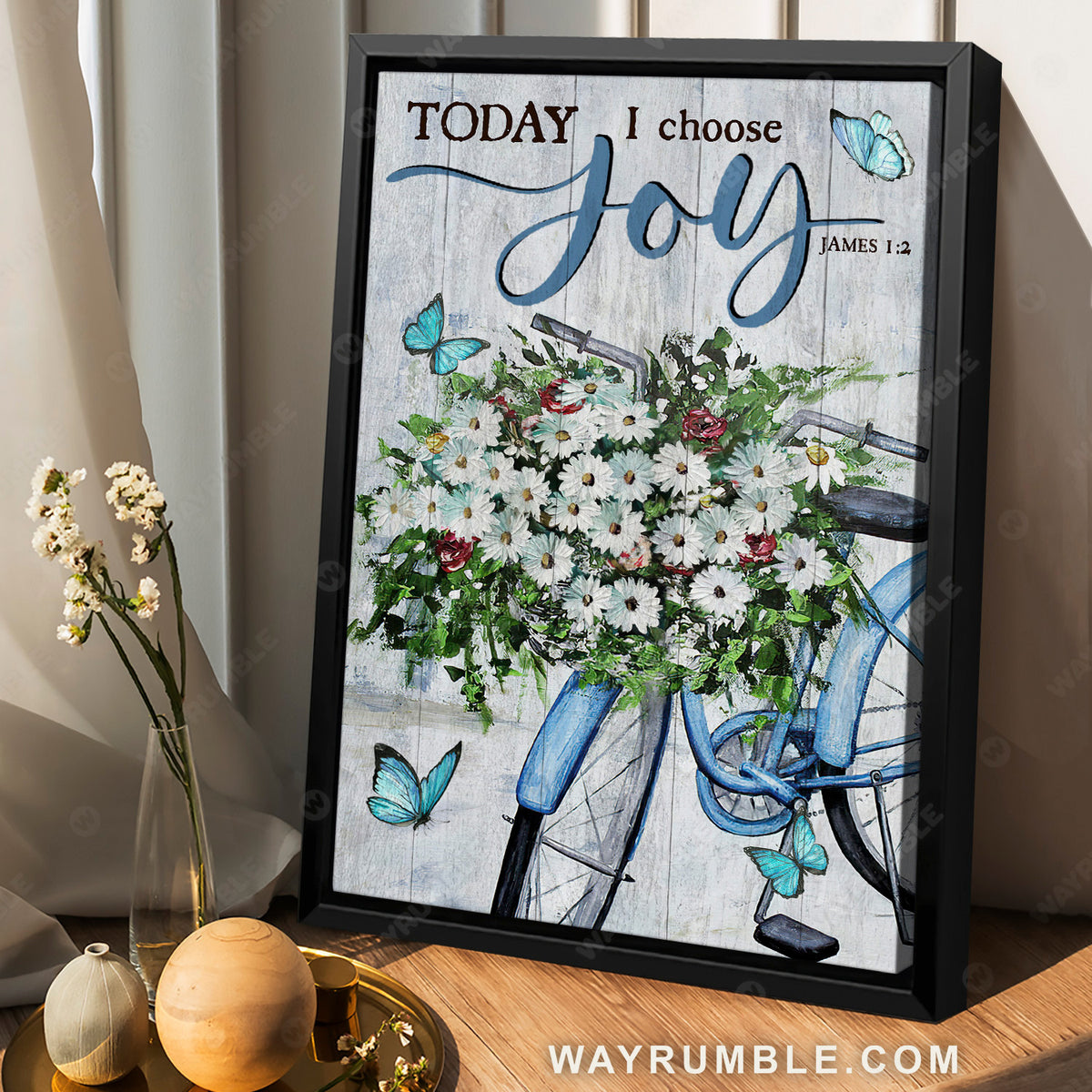 Daisy flower, Blue bicycle, Butterfly, Today I choose joy - Jesus Portrait Canvas Prints, Christian Wall Art