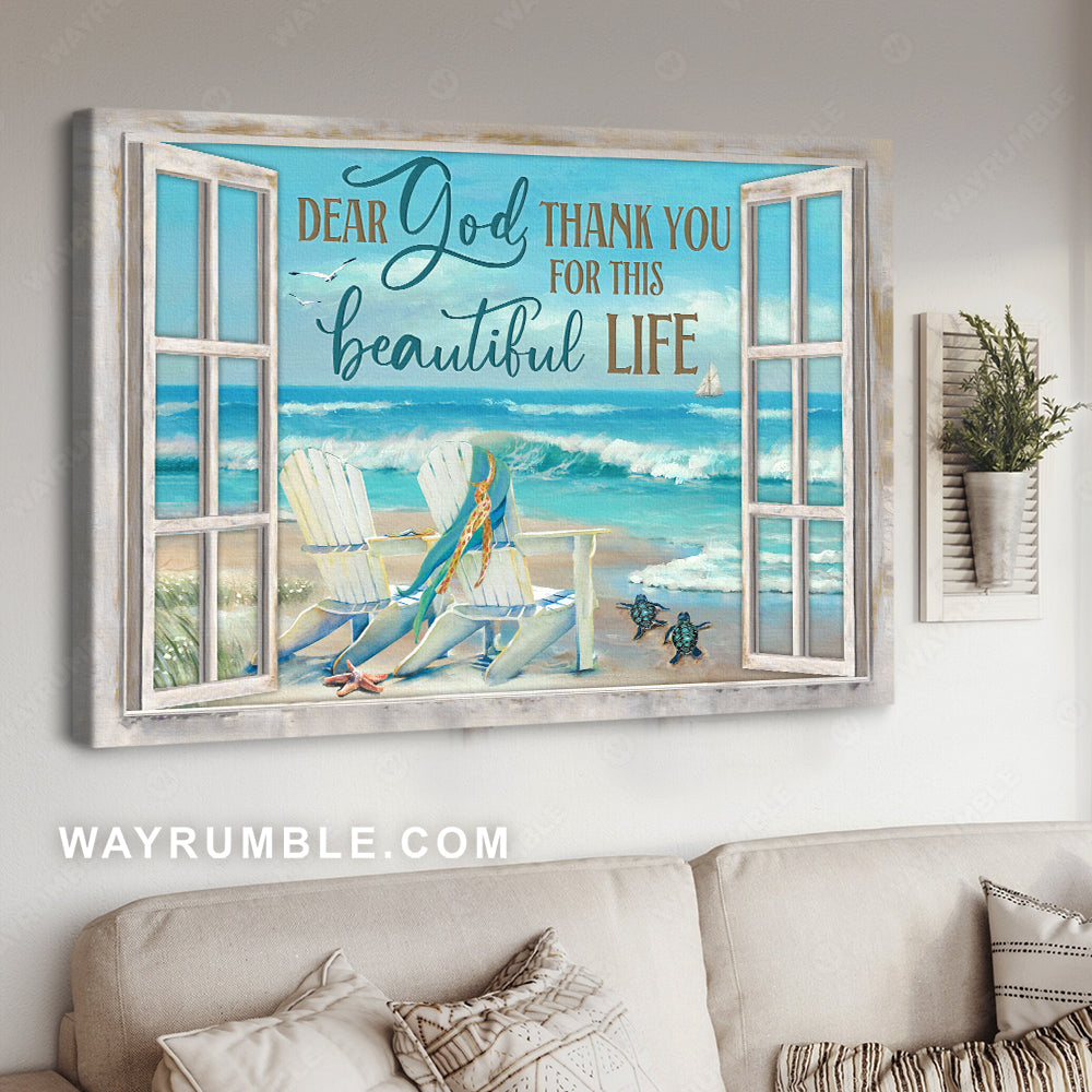 Blue ocean drawing, White chairs, Turtle, Thank you for this beautiful life - Jesus Landscape Canvas Prints, Christian Wall Art