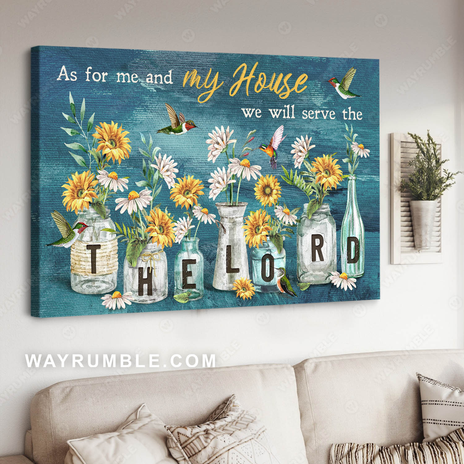 Daisy flower in glass jar, Hummingbird, As for me and my house, We will serve the Lord - Jesus Landscape Canvas Prints, Christian Wall Art