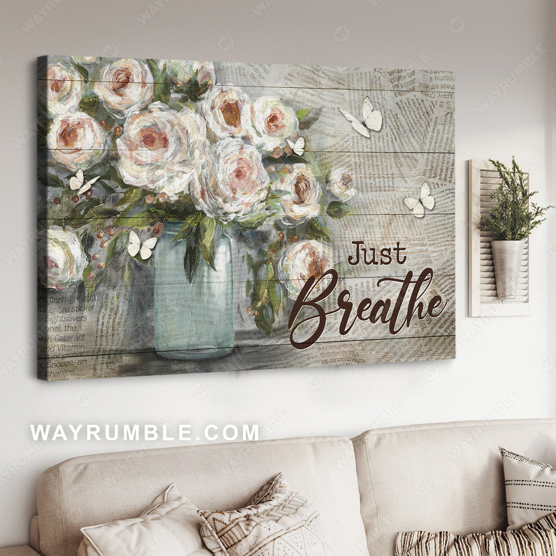 Watercolor rose, Newspaper background, Butterfly, Just breathe - Jesus Landscape Canvas Prints, Christian Wall Art
