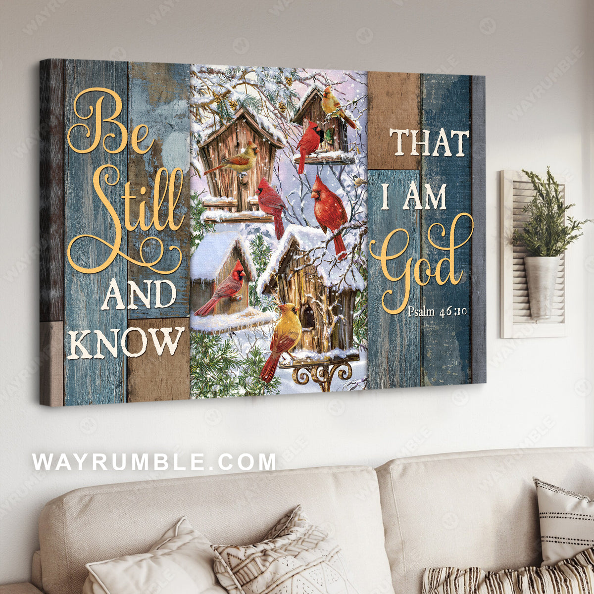Pretty birdhouse, Cardinal painting, Winter yard, Be still and know that I am God - Jesus Landscape Canvas Prints, Home Decor Wall Art