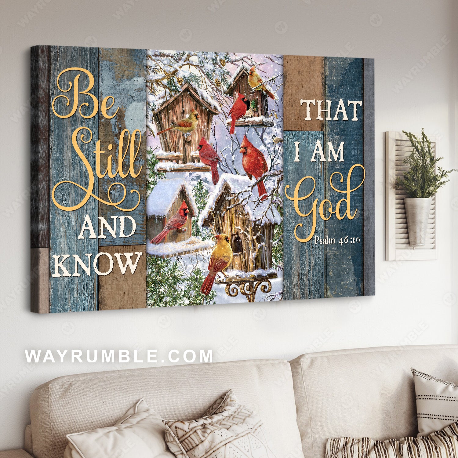Pretty birdhouse, Cardinal painting, Winter yard, Be still and know that I am God - Jesus Landscape Canvas Prints, Home Decor Wall Art