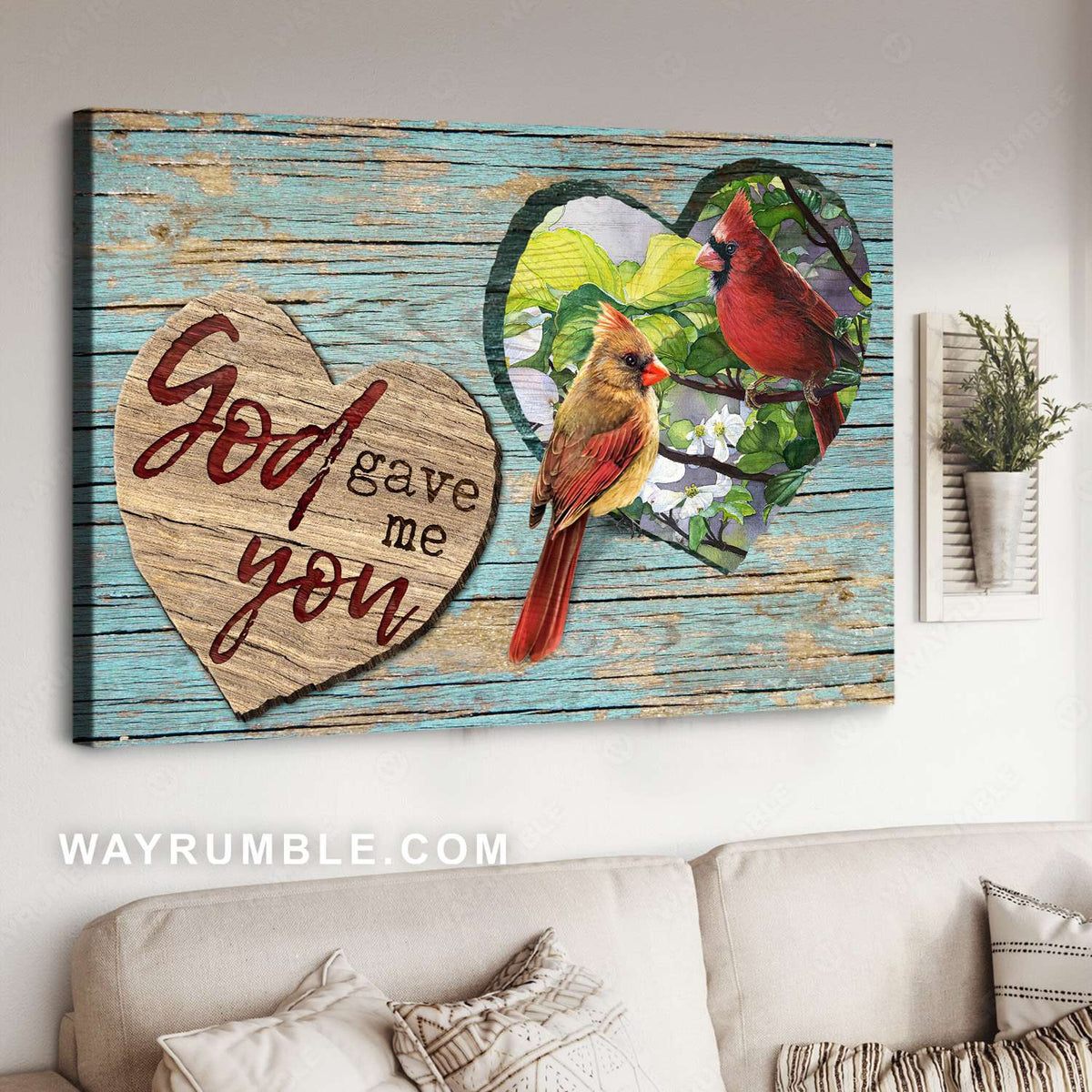 Cardinal birds, Heart shape, Tree branch, God gave me you - Jesus Landscape Canvas Prints, Christian Wall Art