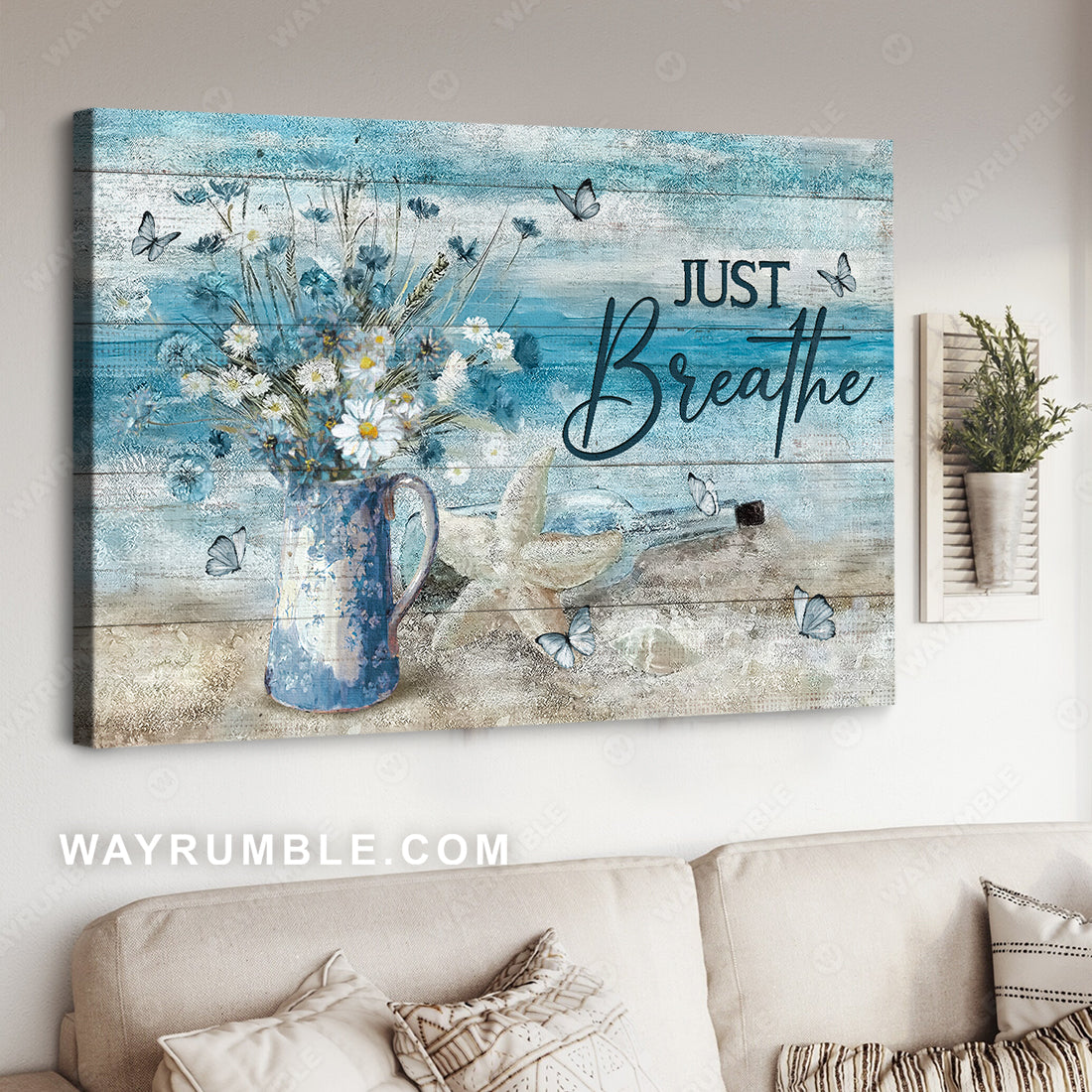 Pretty daisy vase, Beach painting, White starfish, Just breathe - Jesus Landscape Canvas Prints, Christian Wall Art