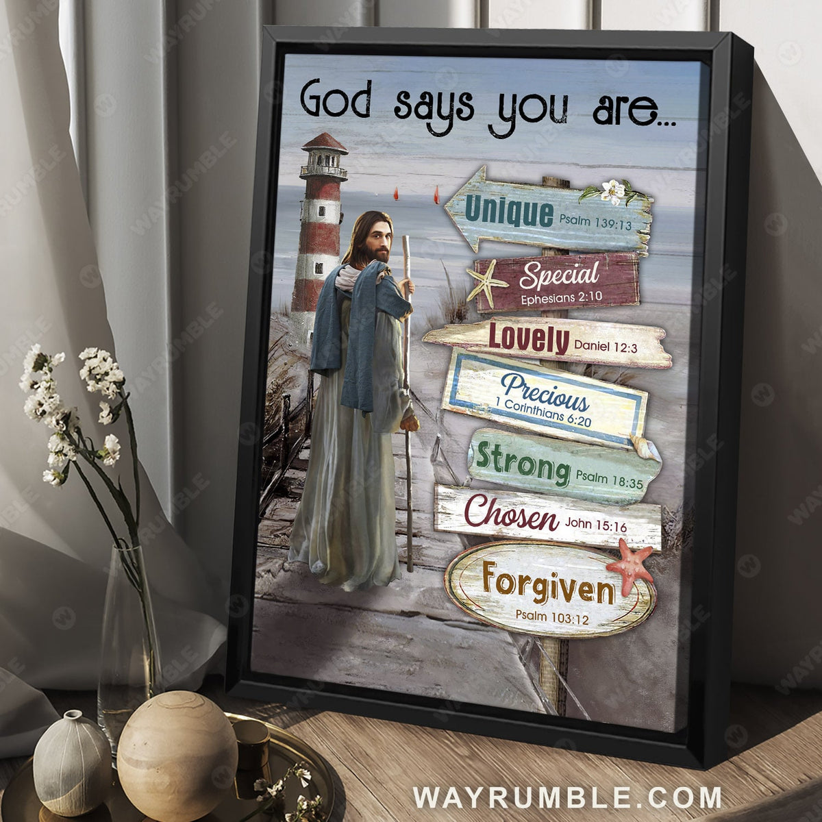 Life of Jesus, Lighthouse drawing, Ocean, God says you are unique - Jesus Portrait Canvas Prints, Christian Wall Art