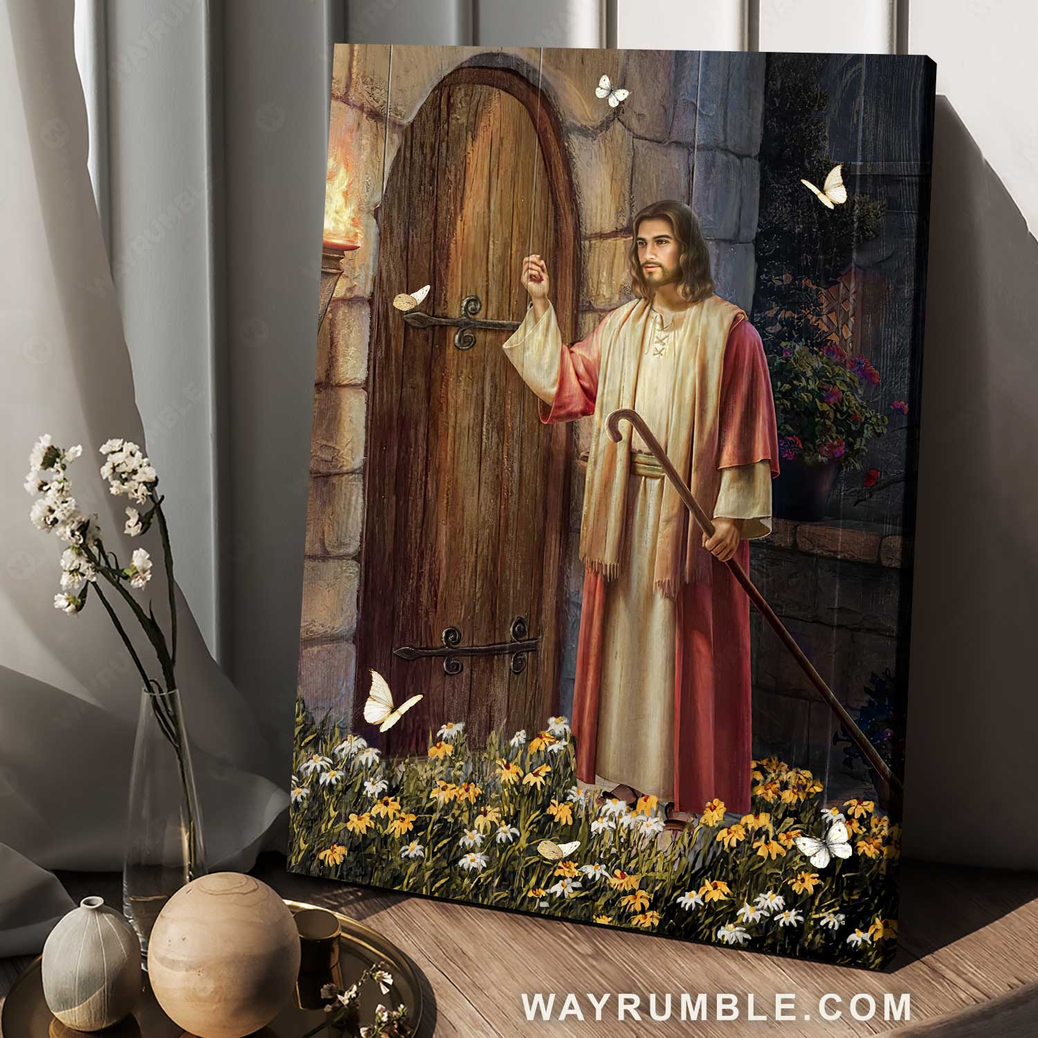 Jesus knock the door, Daisy garden, White butterfly, Jesus painting - Jesus Portrait Canvas Prints, Home Decor Wall Art