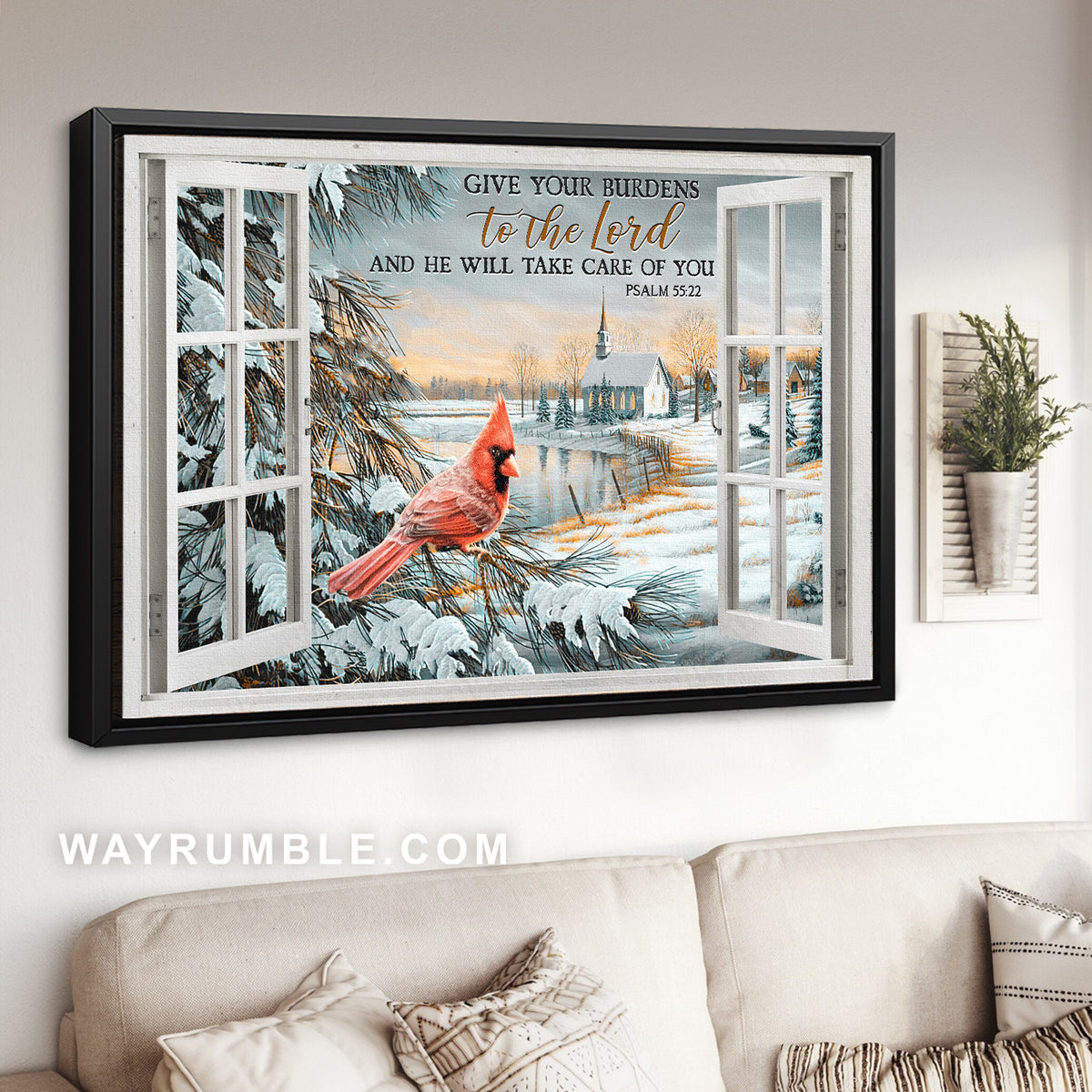 Frozen forest, Little cardinal, Give your burdens to the Lord - Jesus Landscape Canvas Prints, Home Decor Wall Art