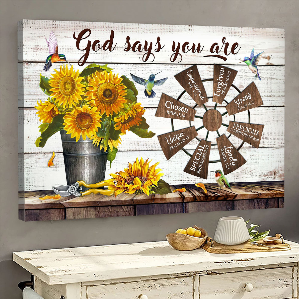 Sunflower vase, Windmill, Hummingbird, God says you are - Jesus Landscape Canvas Prints, Wall Art