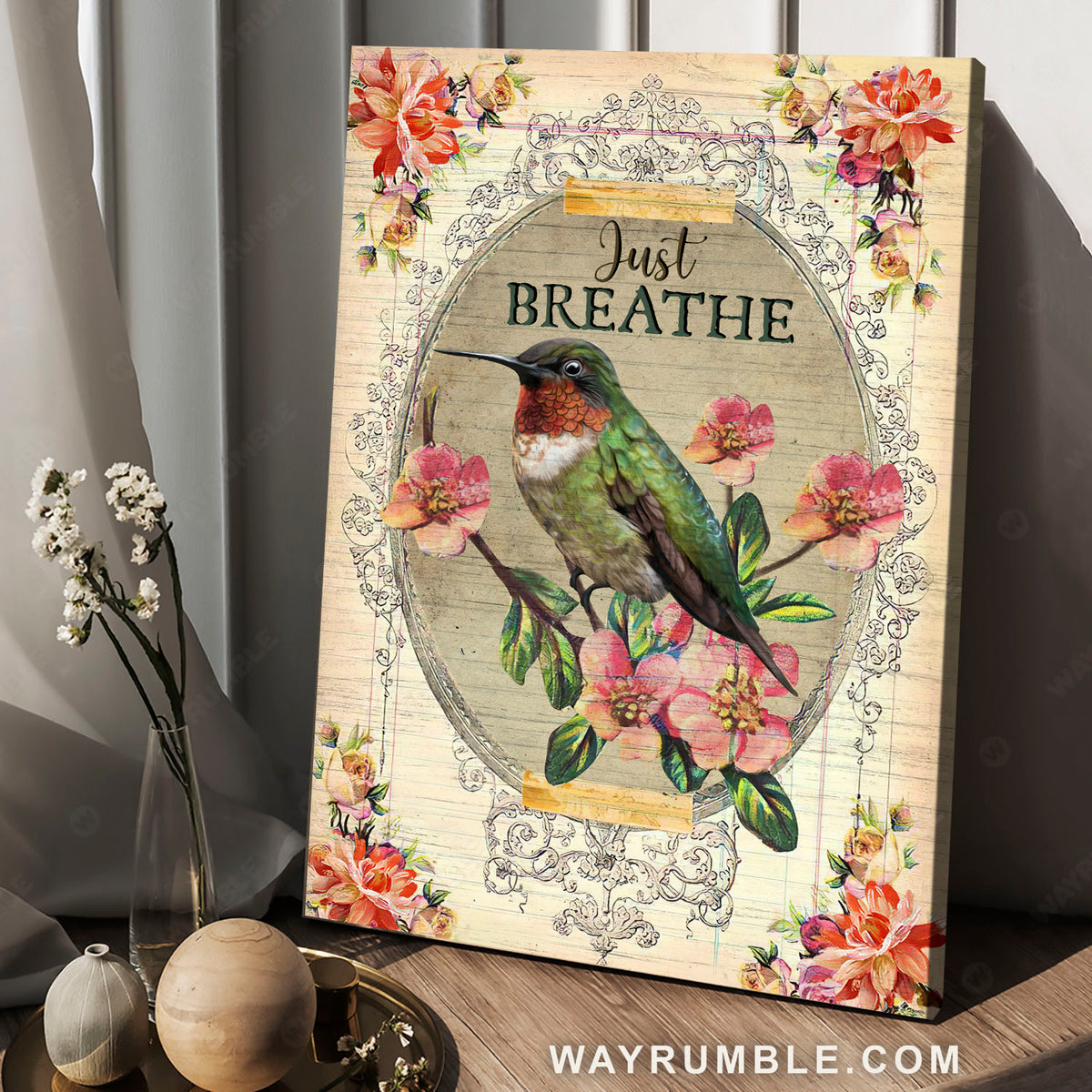 Green hummingbird, Oval mirror, Pink dogwood flower, Just breathe - Jesus Portrait Canvas Prints, Christian Wall Art