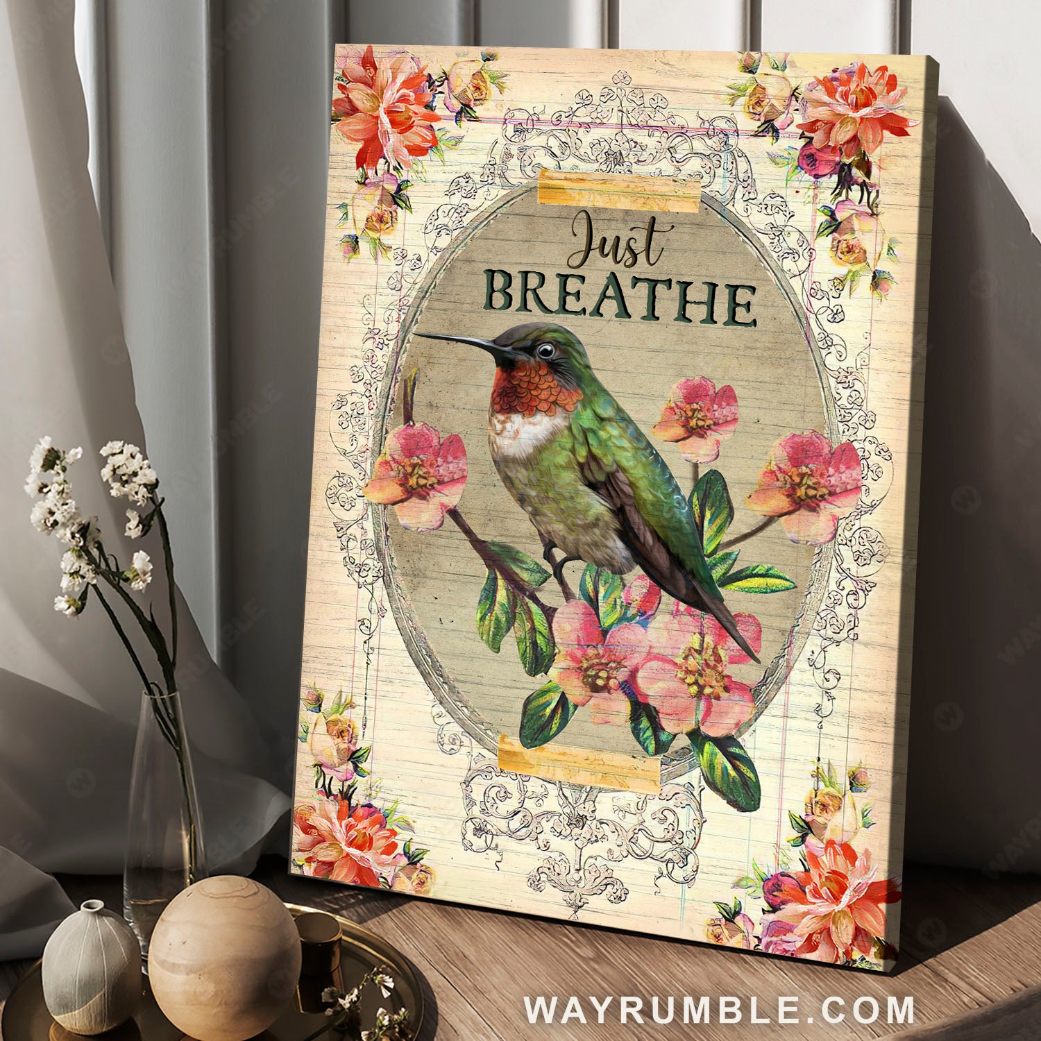 Green hummingbird, Oval mirror, Pink dogwood flower, Just breathe - Jesus Portrait Canvas Prints, Christian Wall Art