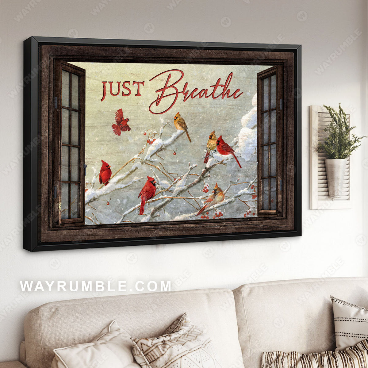 Watercolor cardinal, White snow, Wooden window, Just breathe - Jesus Landscape Canvas Prints, Christian Wall Art