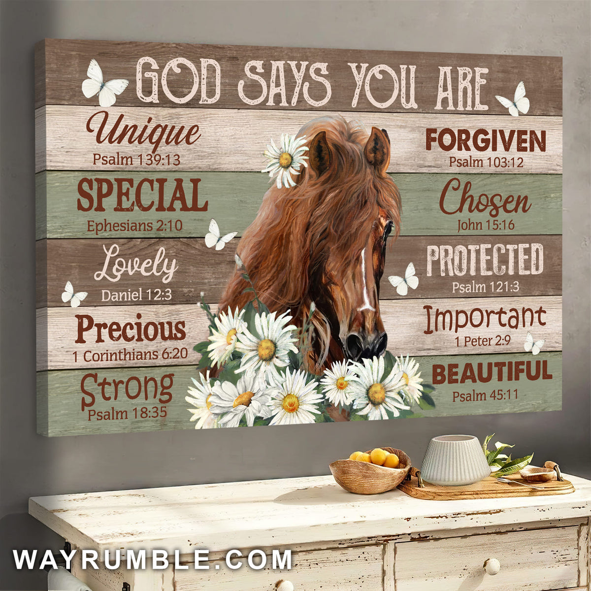Beautiful horse, Daisy flower, Butterfly, God says you are unique, special - Jesus Landscape Canvas Prints, Wall Art
