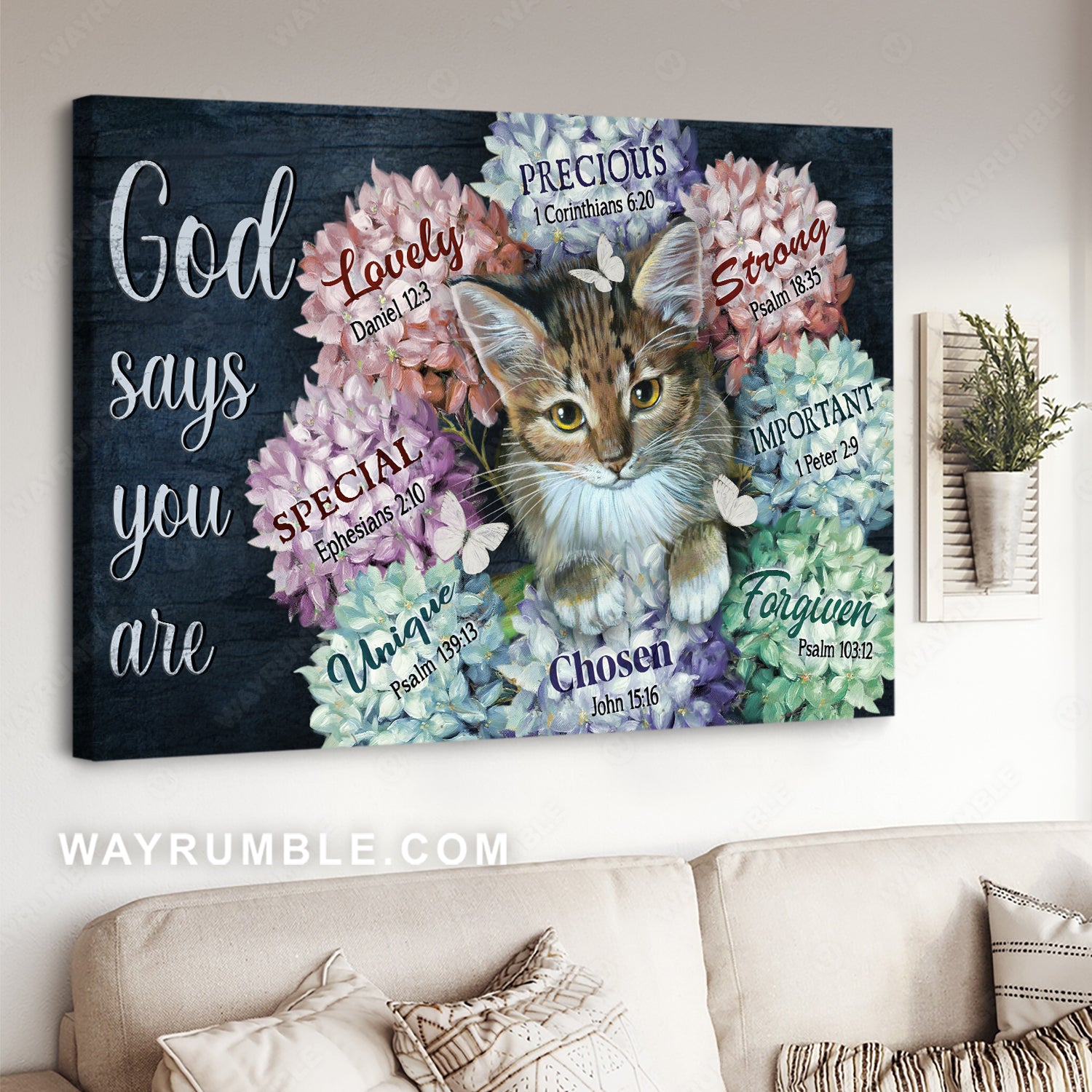 Amazing cat, Colorful hydrangea, Butterfly, God says you are unique - Jesus Landscape Canvas Prints, Christian Wall Art