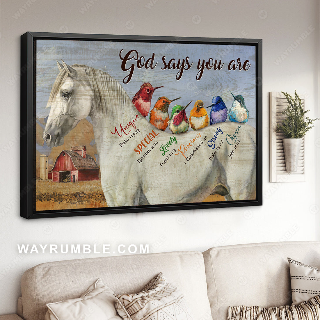 White horse, Colorful hummingbird, God says you are unique - Jesus Landscape Canvas Prints, Christian Wall Art