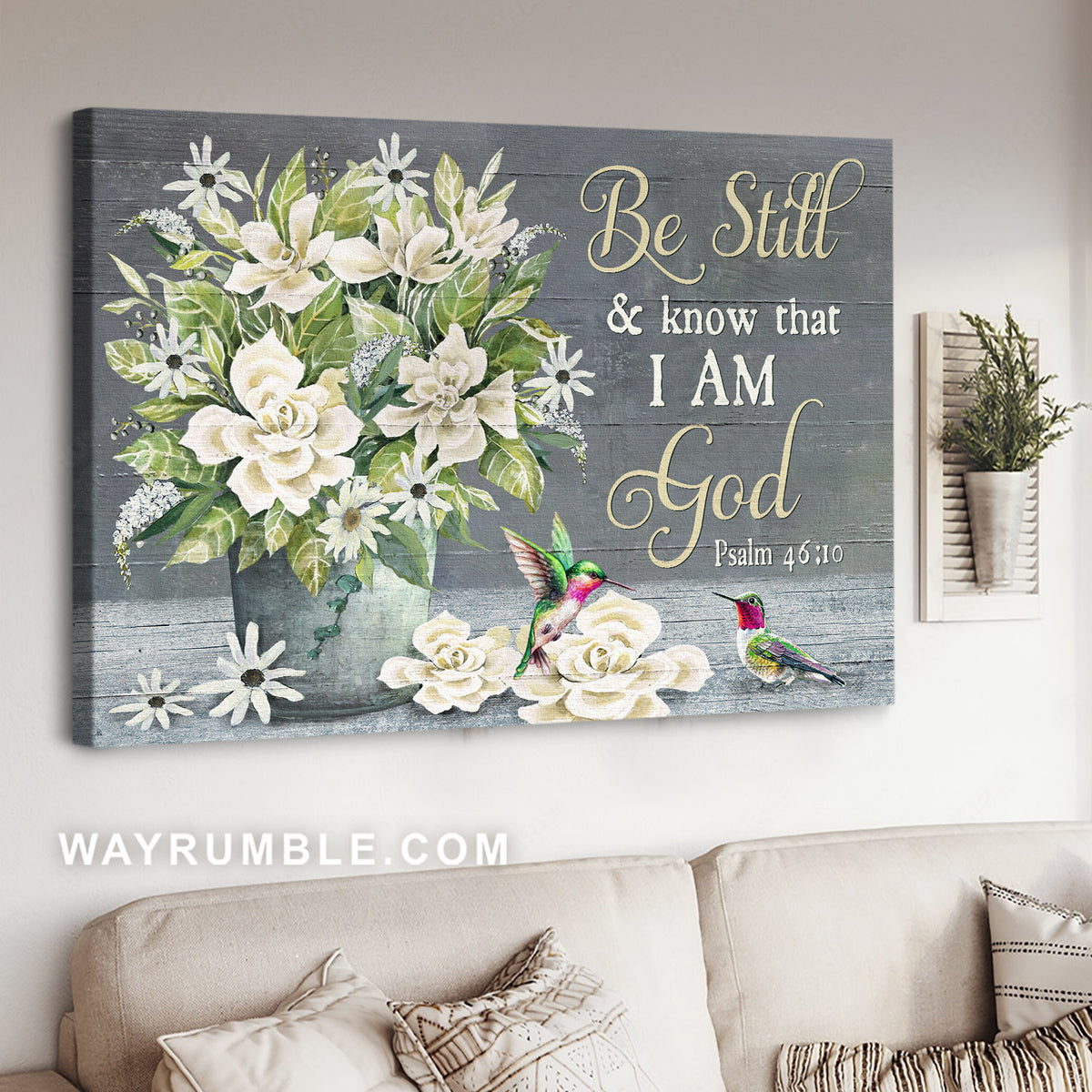 Cape jasmine, White flowers, Green hummingbird, Be still I am God - Jesus Landscape Canvas Prints, Christian Wall Art
