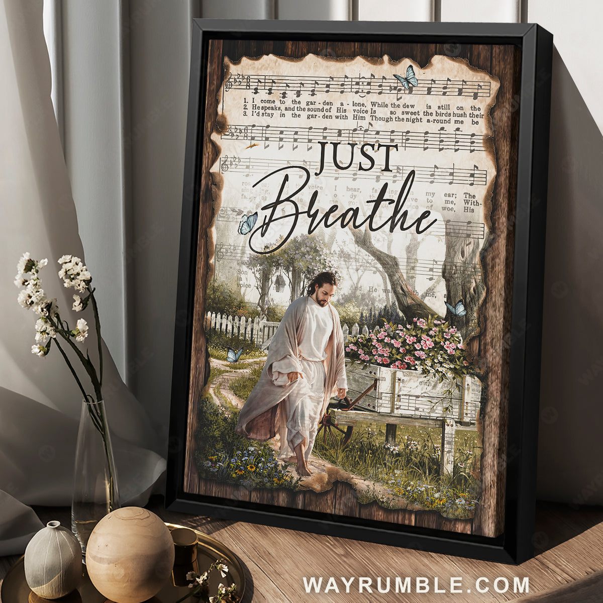 Antique music sheet, Walking with Jesus, Pretty flower garden, Just breathe - Jesus Portrait Canvas Prints, Home Decor Wall Art