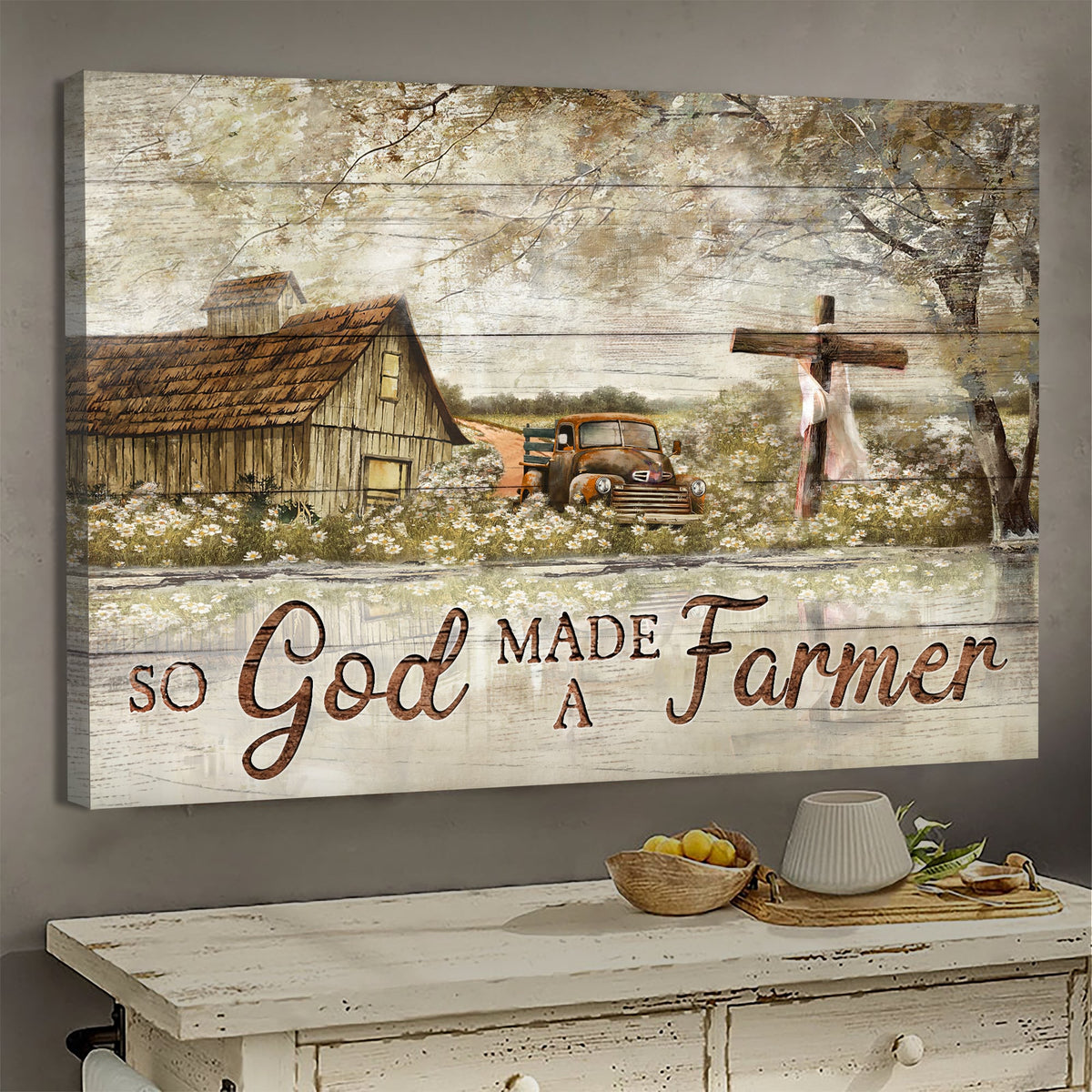 Peaceful farm, Wooden Cross, Old Car, So God made a farmer - Jesus Landscape Canvas Prints, Wall Art