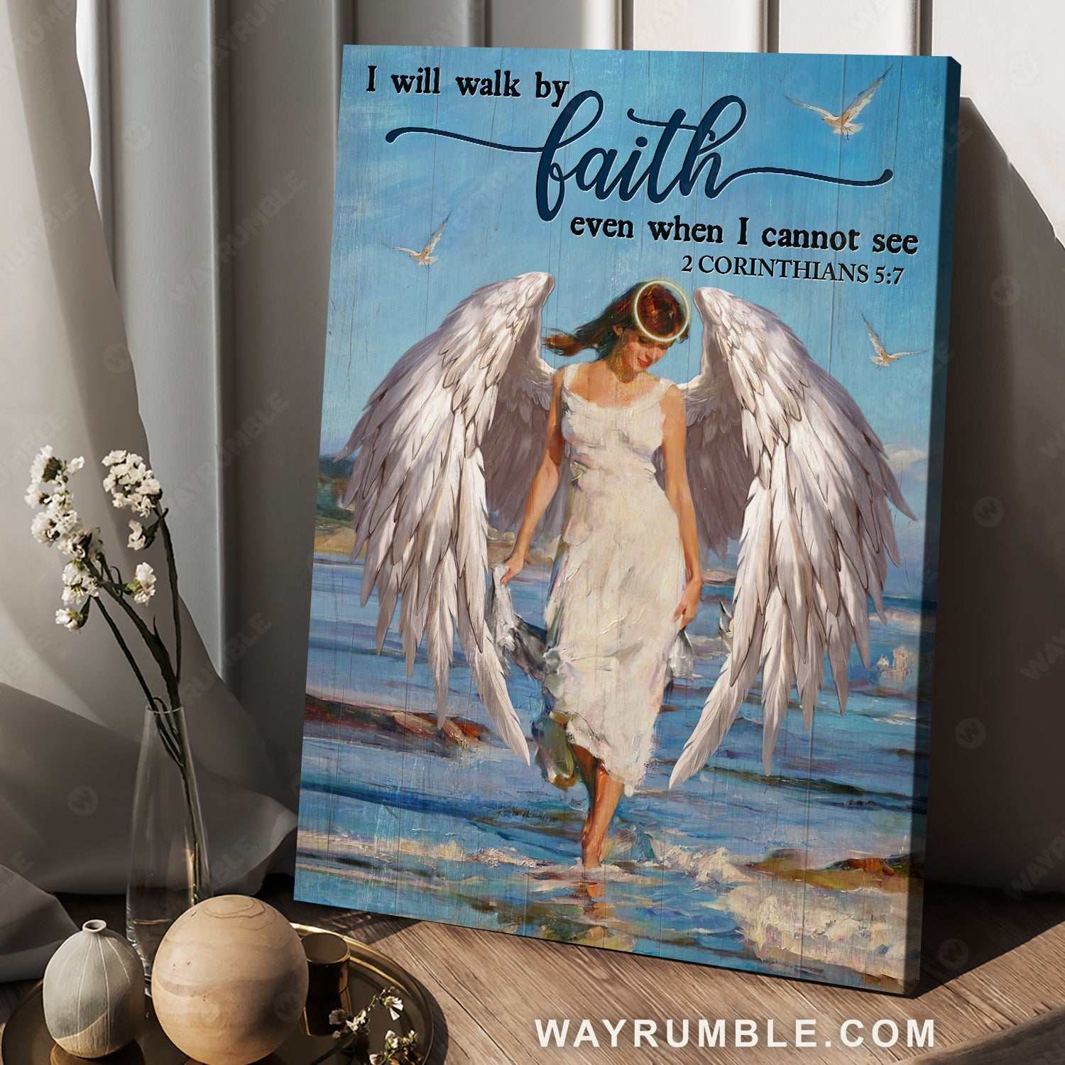 Beautiful girl, Stunning angel wings, Ocean view, I will walk by faith - Jesus Portrait Canvas Prints, Christian Wall Art