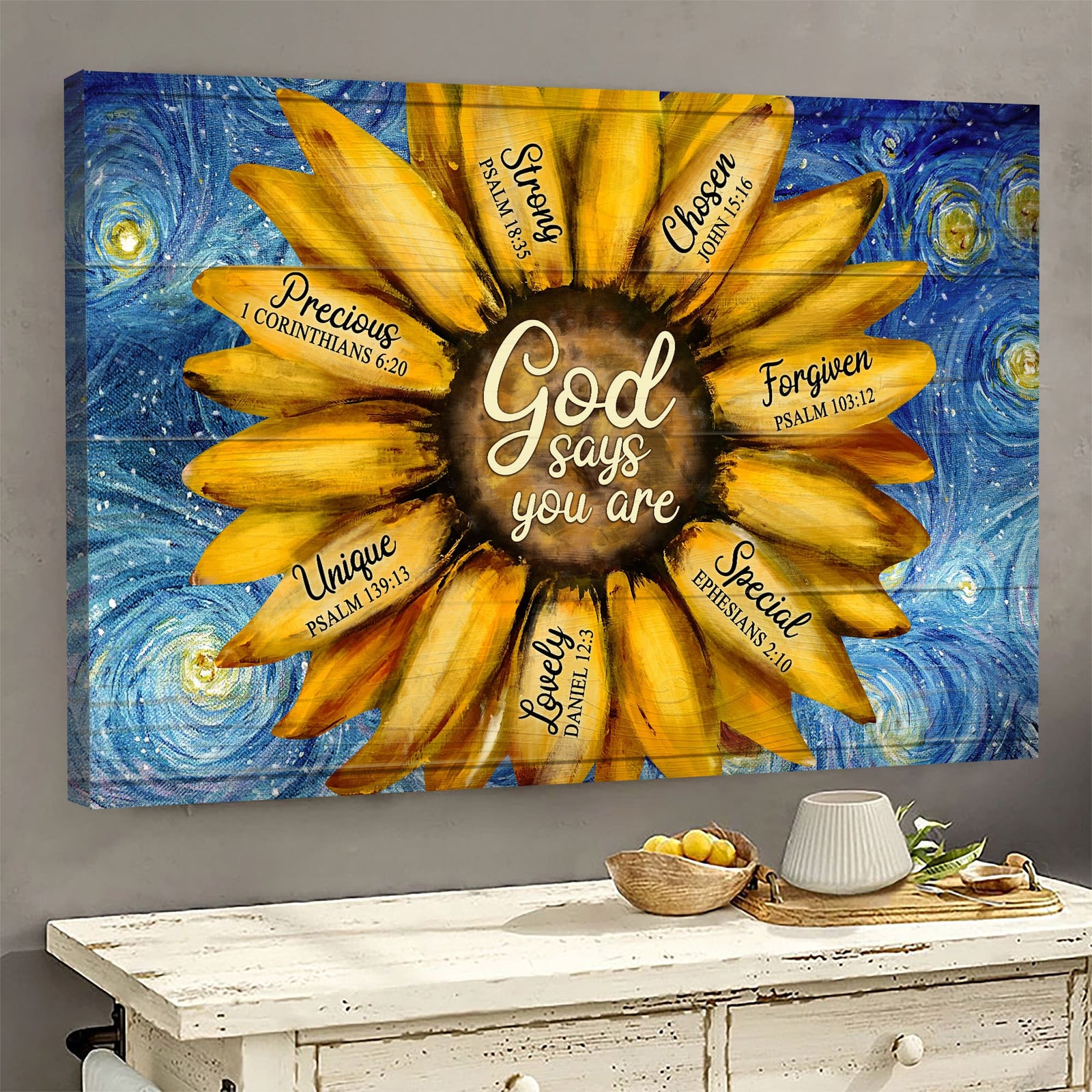 Sunflower, Starry Night, God says you are - Jesus Landscape Canvas Prints, Wall Art