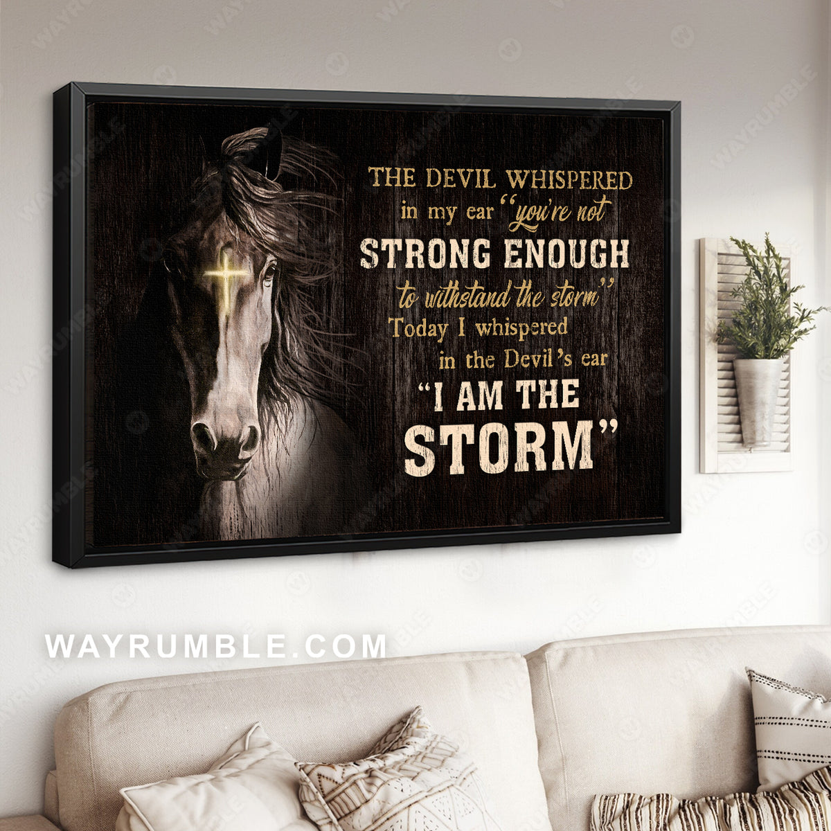 Horse drawing, Cross light, Black background, I am the storm - Jesus Landscape Canvas Prints, Christian Wall Art