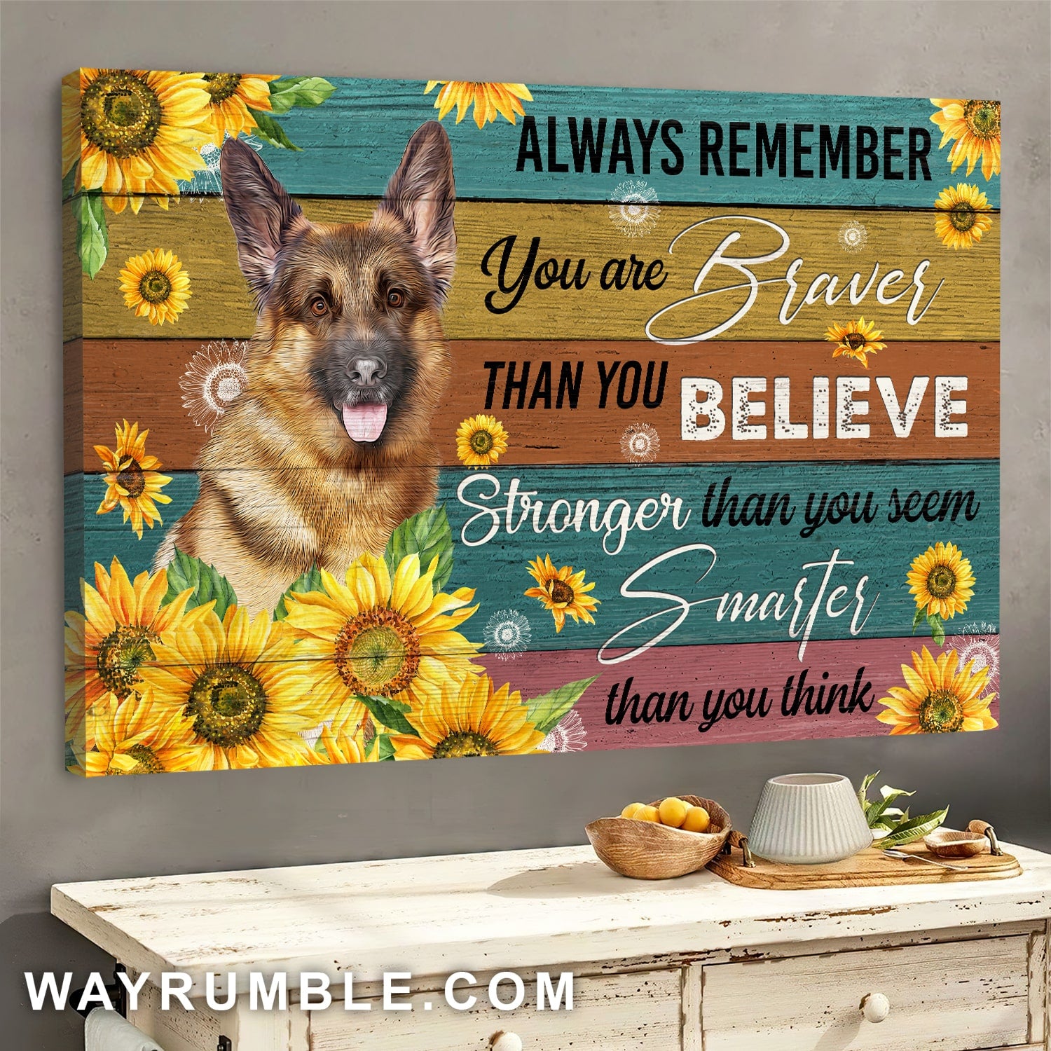 German shepherd drawing, Sunflower painting, You are braver than you believe - Jesus Landscape Canvas Prints, Wall Art