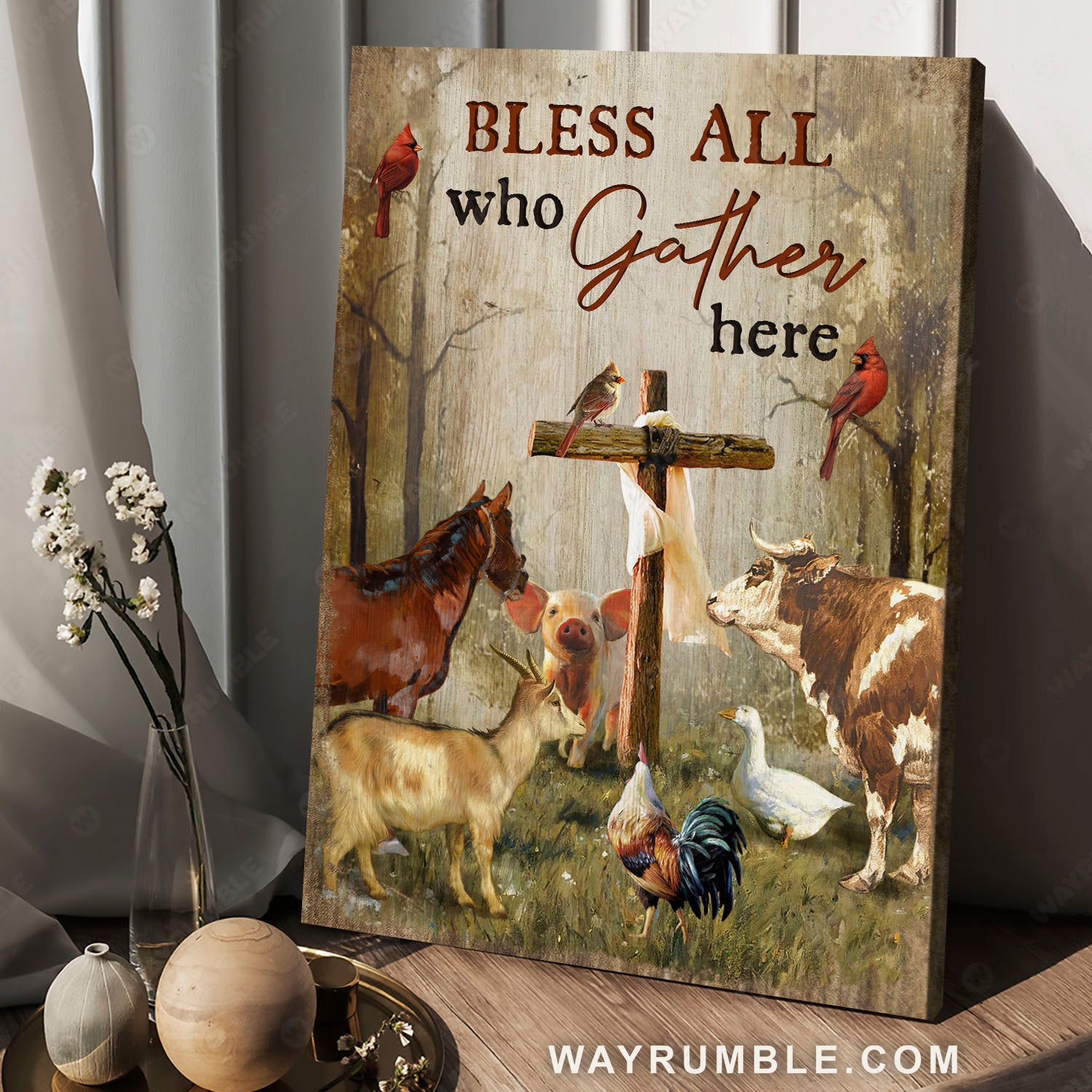 Animals drawing, Wooden cross, Forest view, Bless all who gather here - Jesus Portrait Canvas Prints, Christian Wall Art