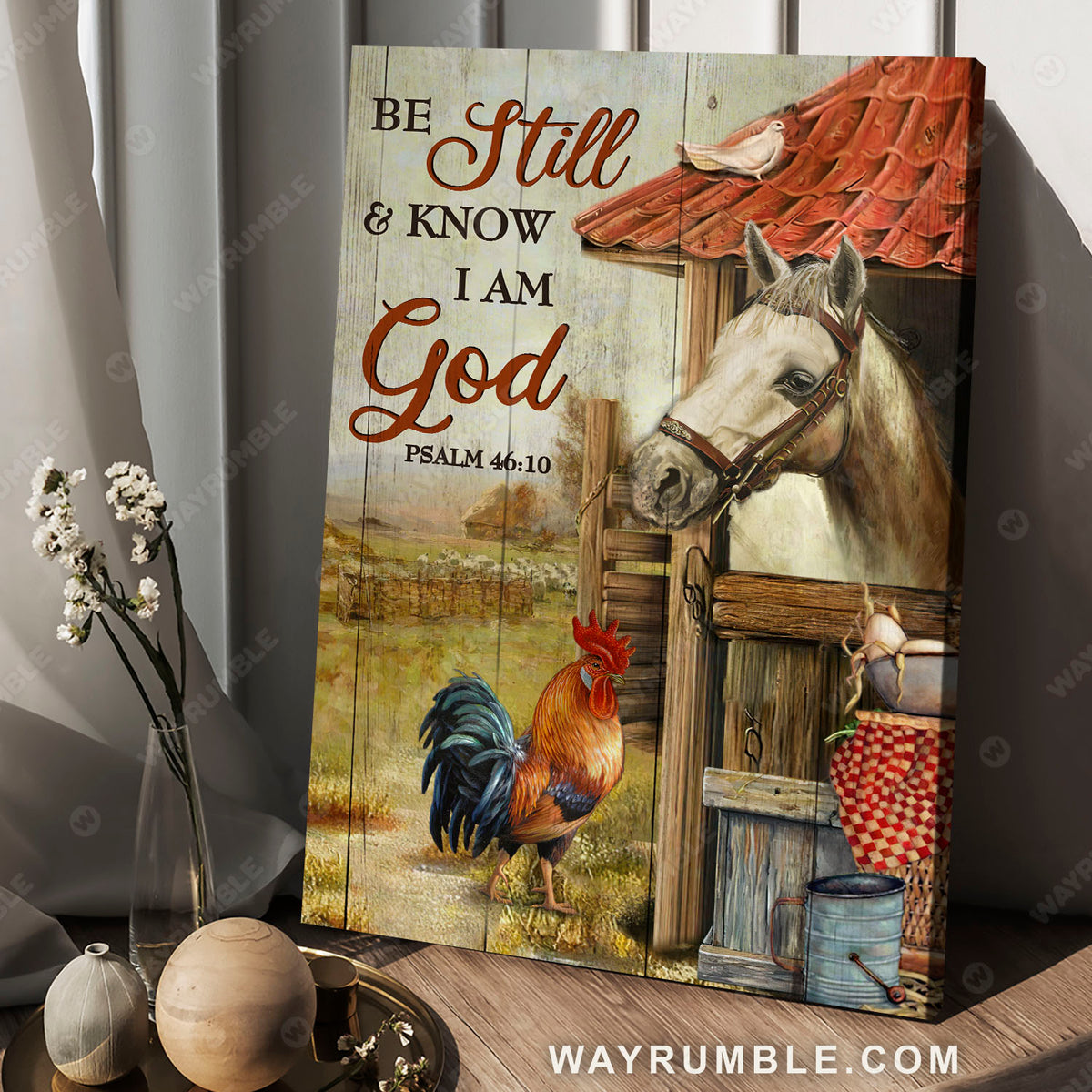 White horse, Rooster, Animal farm, Be still and know that I am God - Jesus Portrait Canvas Prints, Christian Wall Art