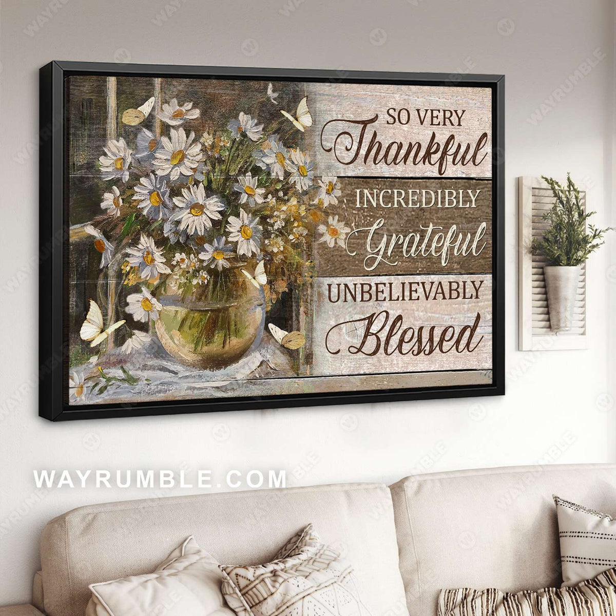 White daisy, Flower vase, White butterfly, Vintage picture, So very thankful - Jesus Landscape Canvas Prints, Christian Wall Art