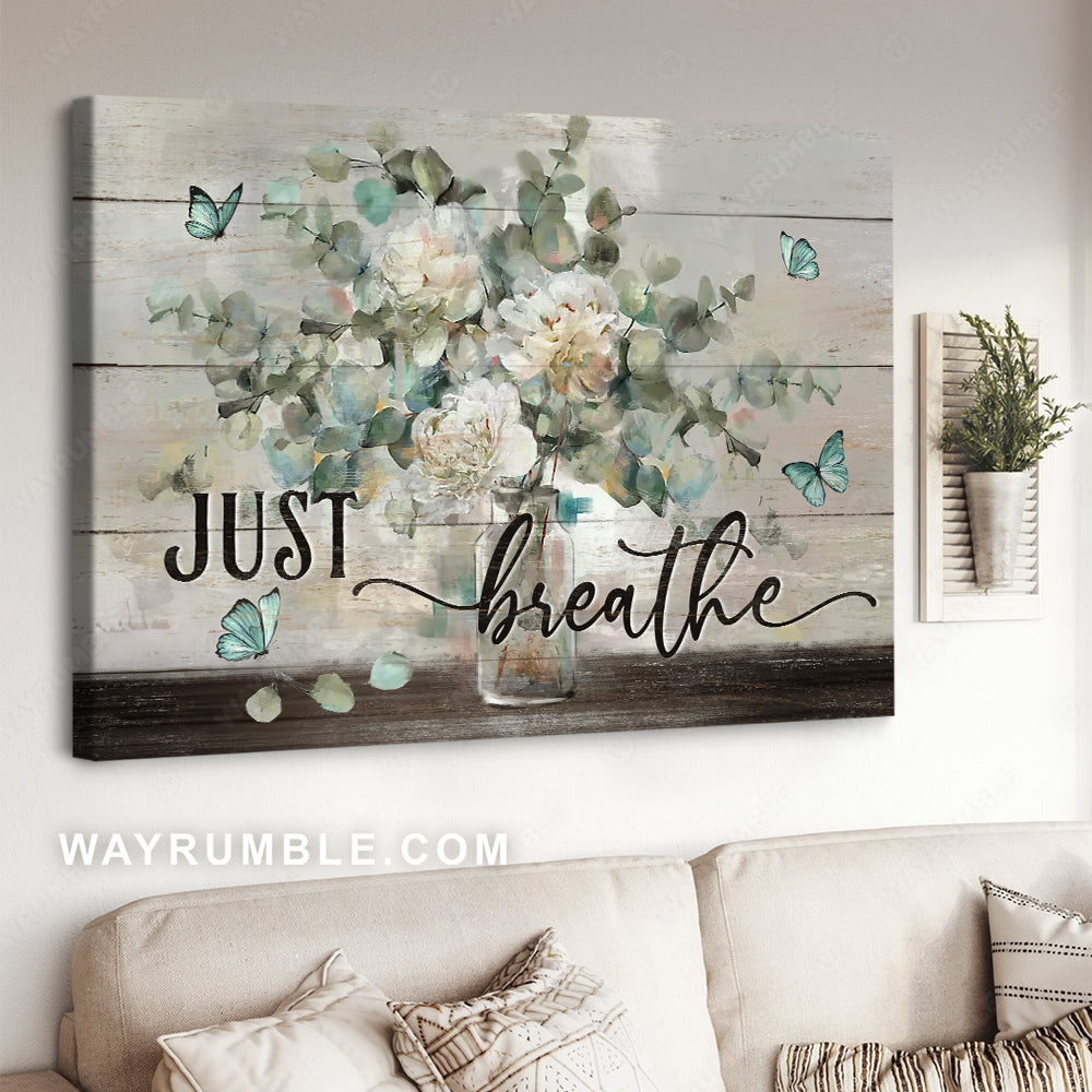 Watercolor jasmine, Blue butterfly, Still life painting, Just breathe - Jesus Landscape Canvas Prints, Christian Wall Art