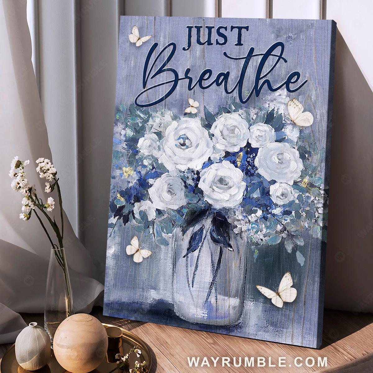 White rose, Gift for flower lover, Beautiful butterfly, Just breathe - Jesus Portrait Canvas Prints, Home Decor Wall Art
