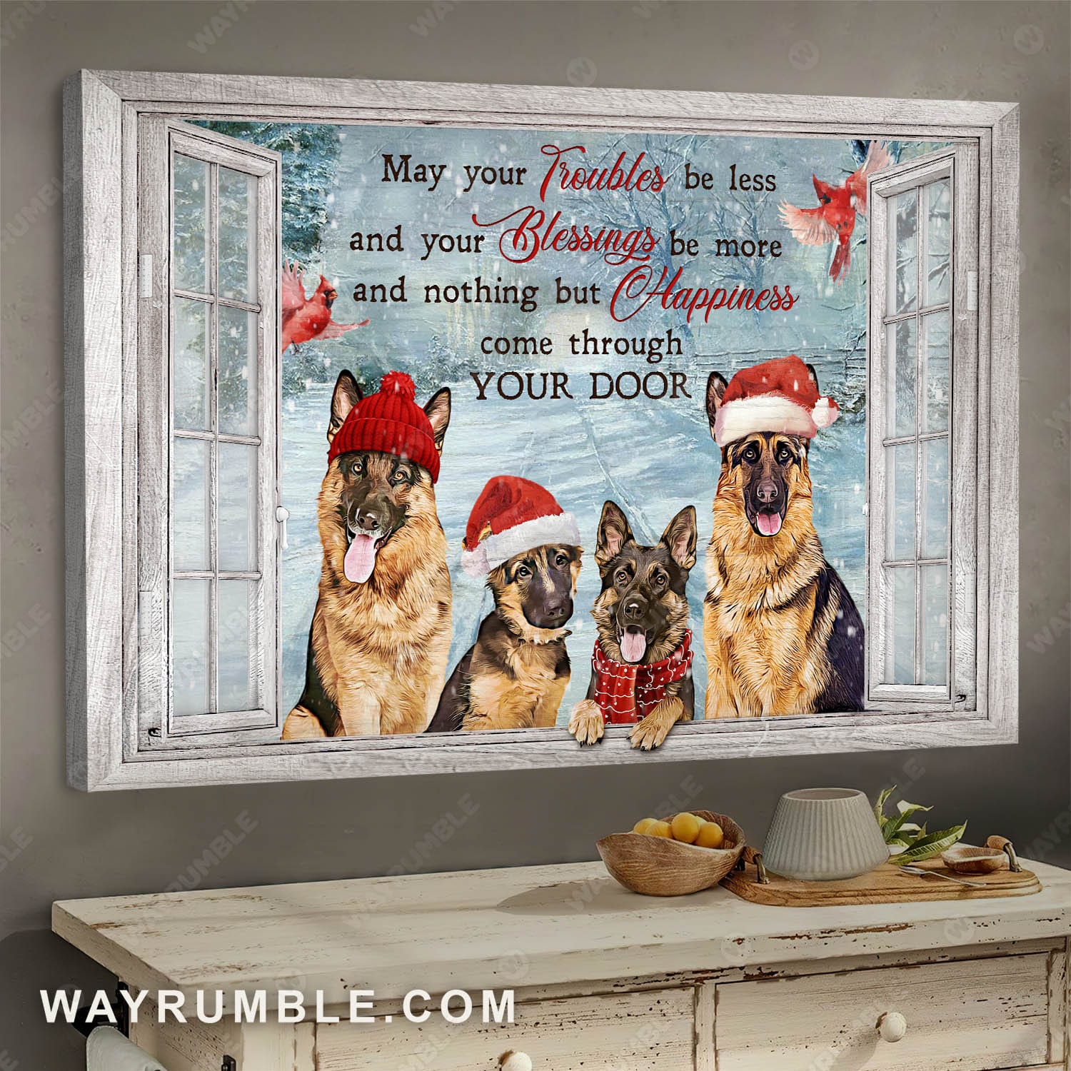 German shepherd dog, Christmas gift, Red cardinal, May your troubles be less and your blessings be more- Jesus Landscape Canvas Prints, Wall Art