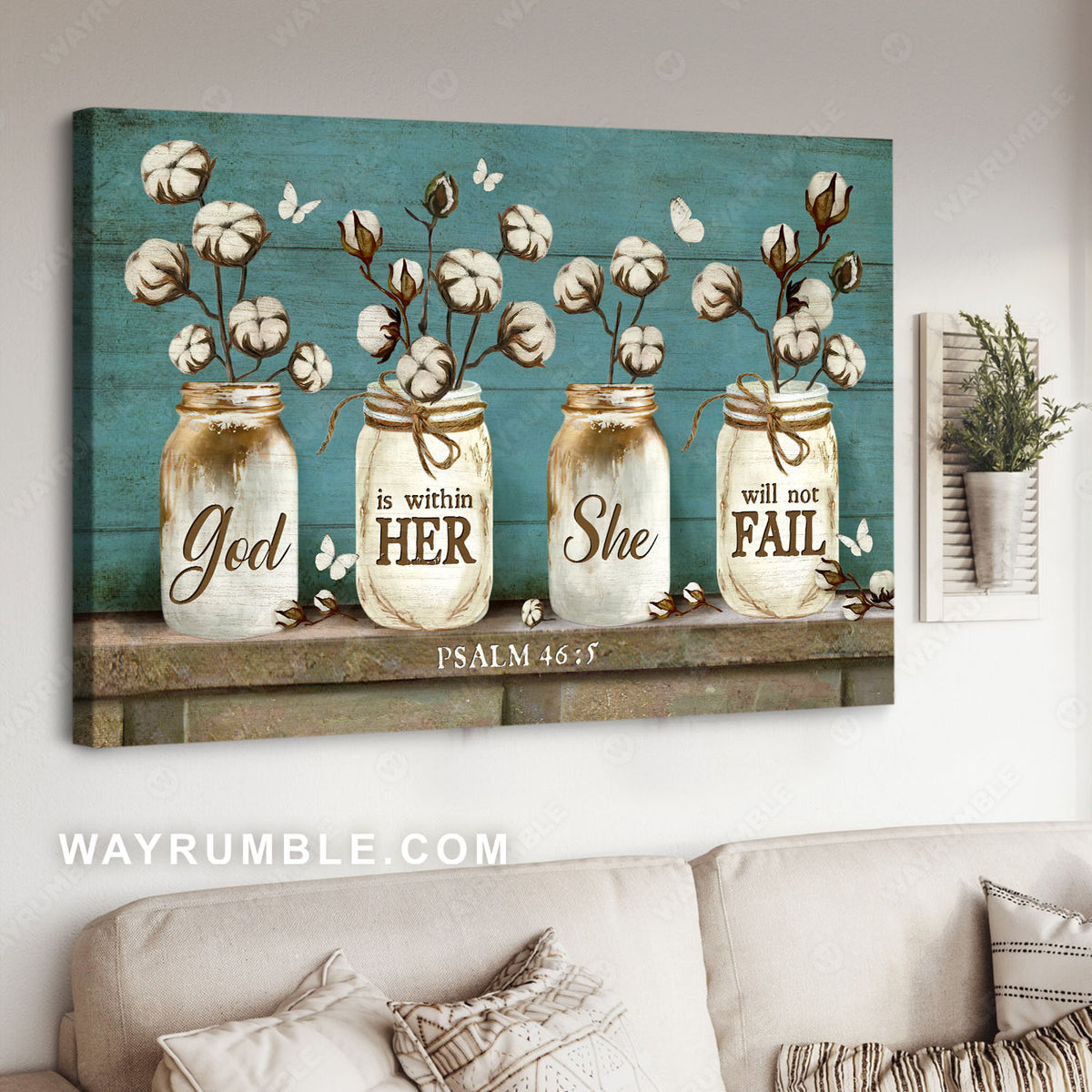 Cotton flower, Jade background, God is within her - Jesus Landscape Canvas Prints, Christian Wall Art