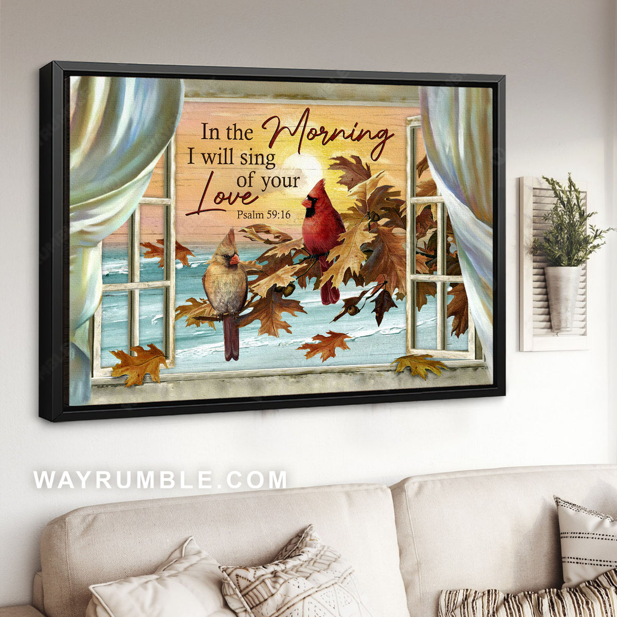 Sunset drawing, Pretty cardinal couple, In the morning I will sing of your love - Jesus Landscape Canvas Prints, Christian Wall Art