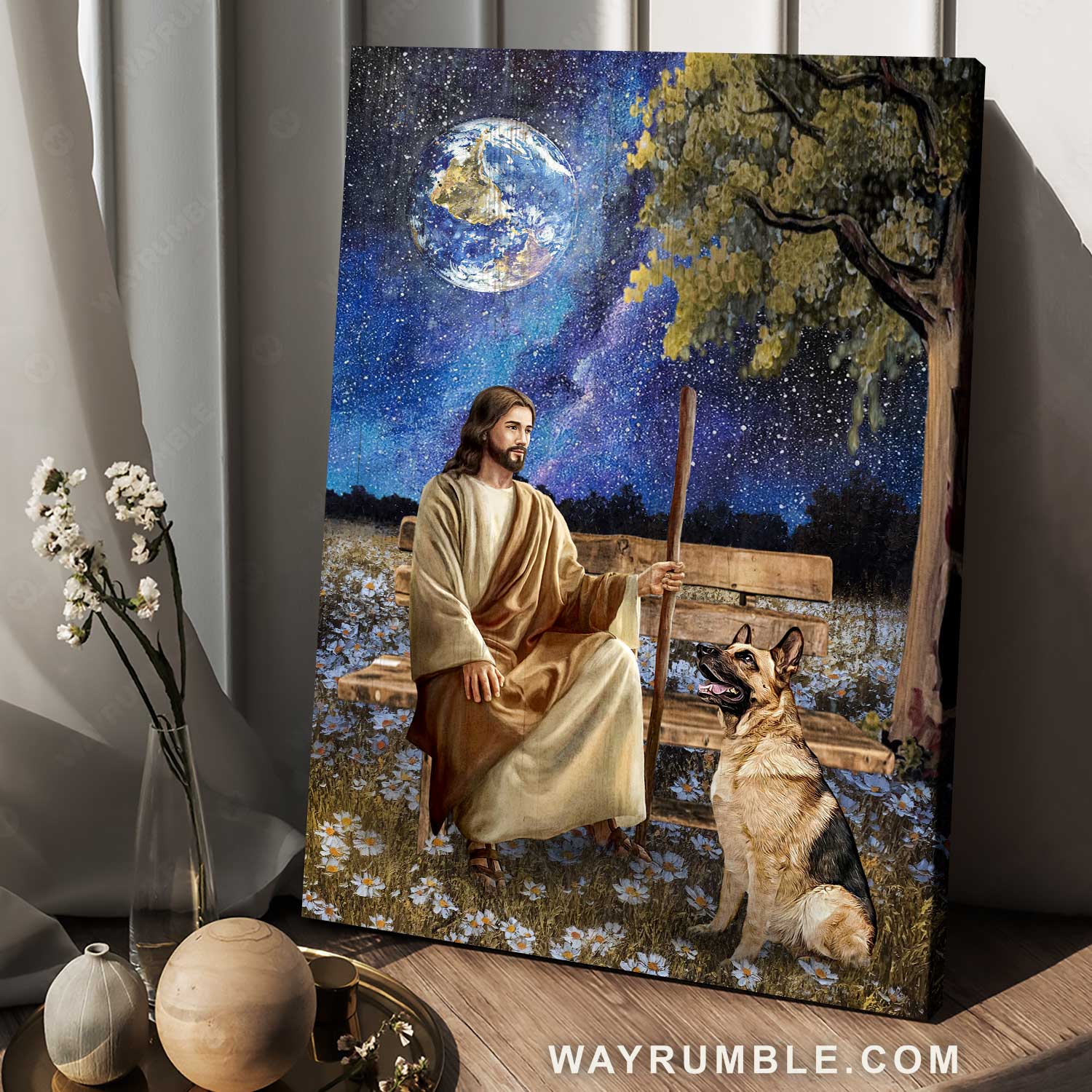 Galaxy artwork, German Shepherd dog, Beautiful night, Daisy field - Jesus Portrait Canvas Prints, Christian Wall Art