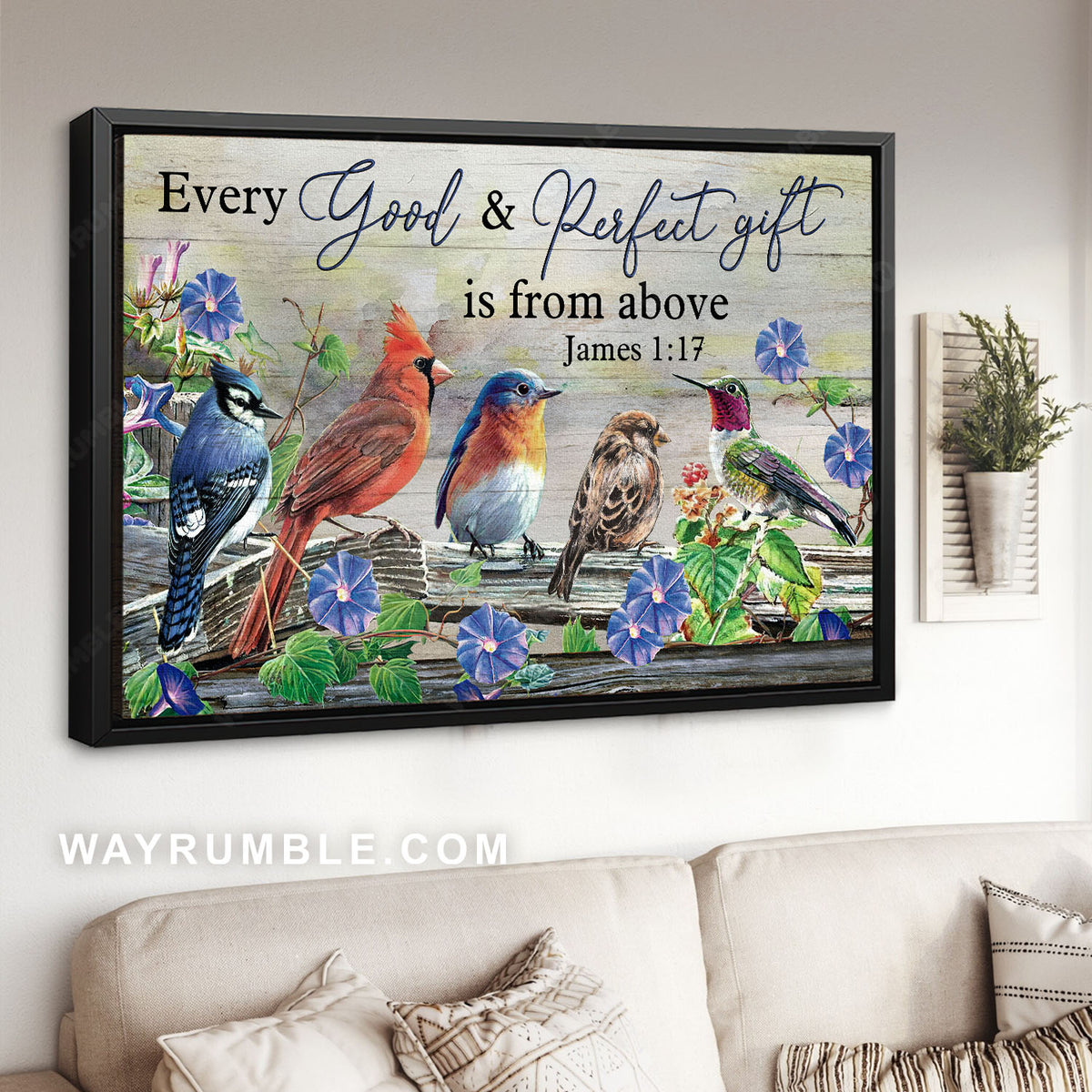 Stunning violet flower, Beautiful birds, Every good and perfect gift is from above - Jesus Landscape Canvas Prints, Christian Wall Art