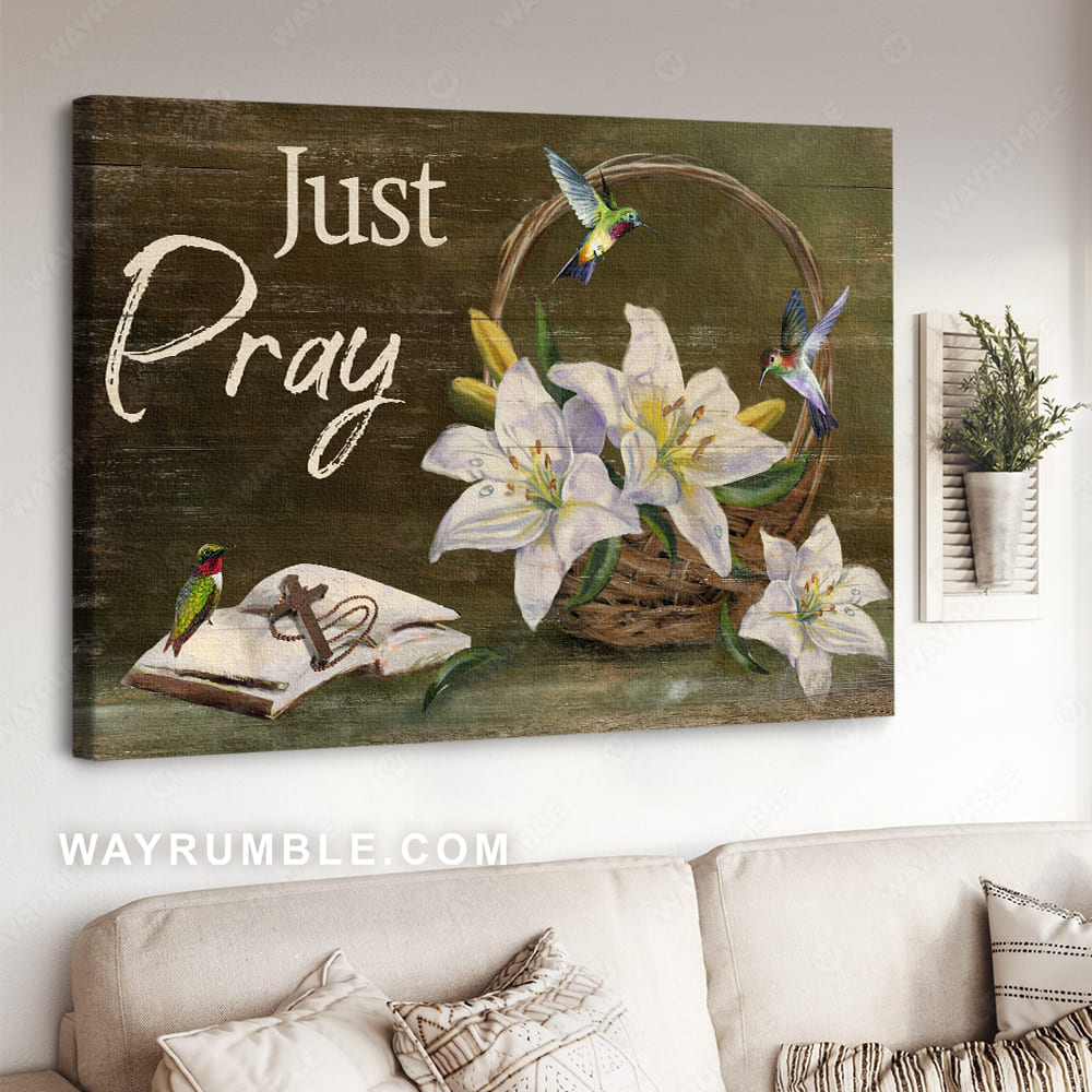 White lily painting, Wooden cross, Bible, Just pray - Jesus Landscape Canvas Prints, Wall Art 