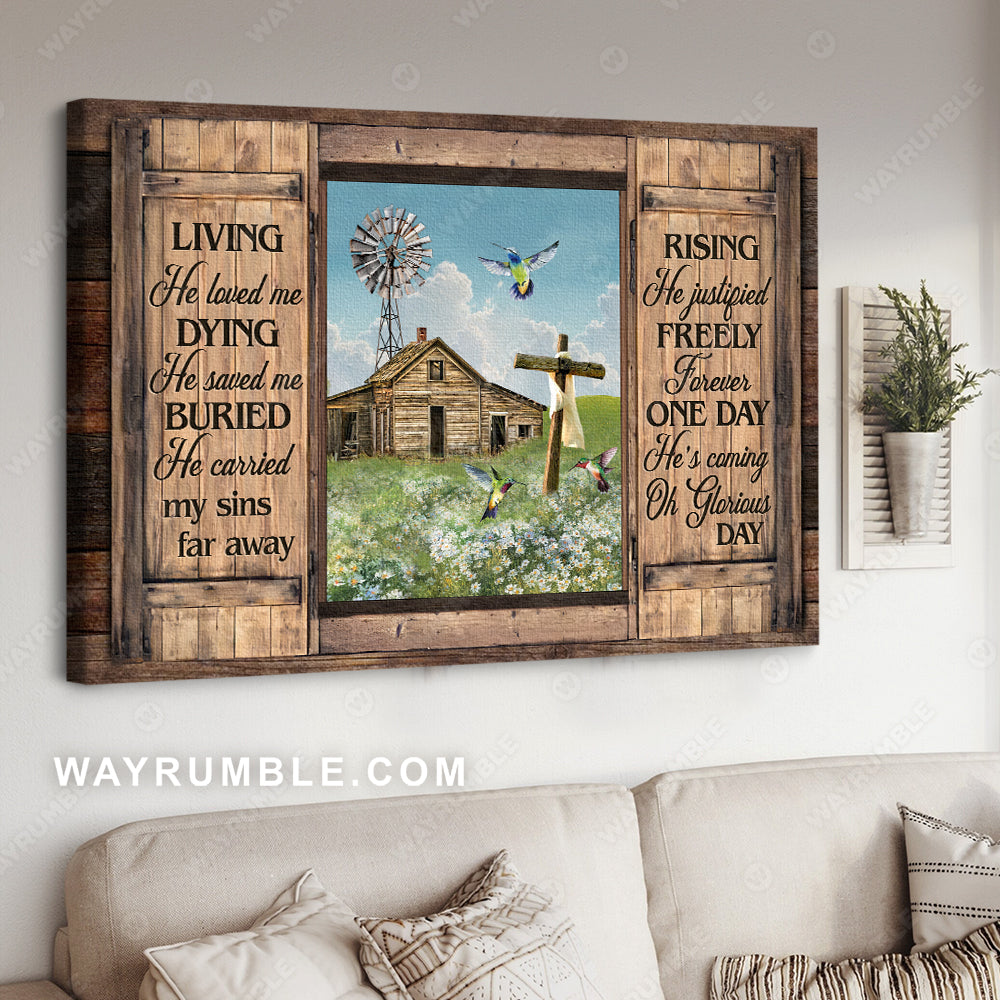 Green meadow land, Wooden barn, Hummingbird, He carried my sins far away - Jesus Landscape Canvas Prints, Christian Wall Art