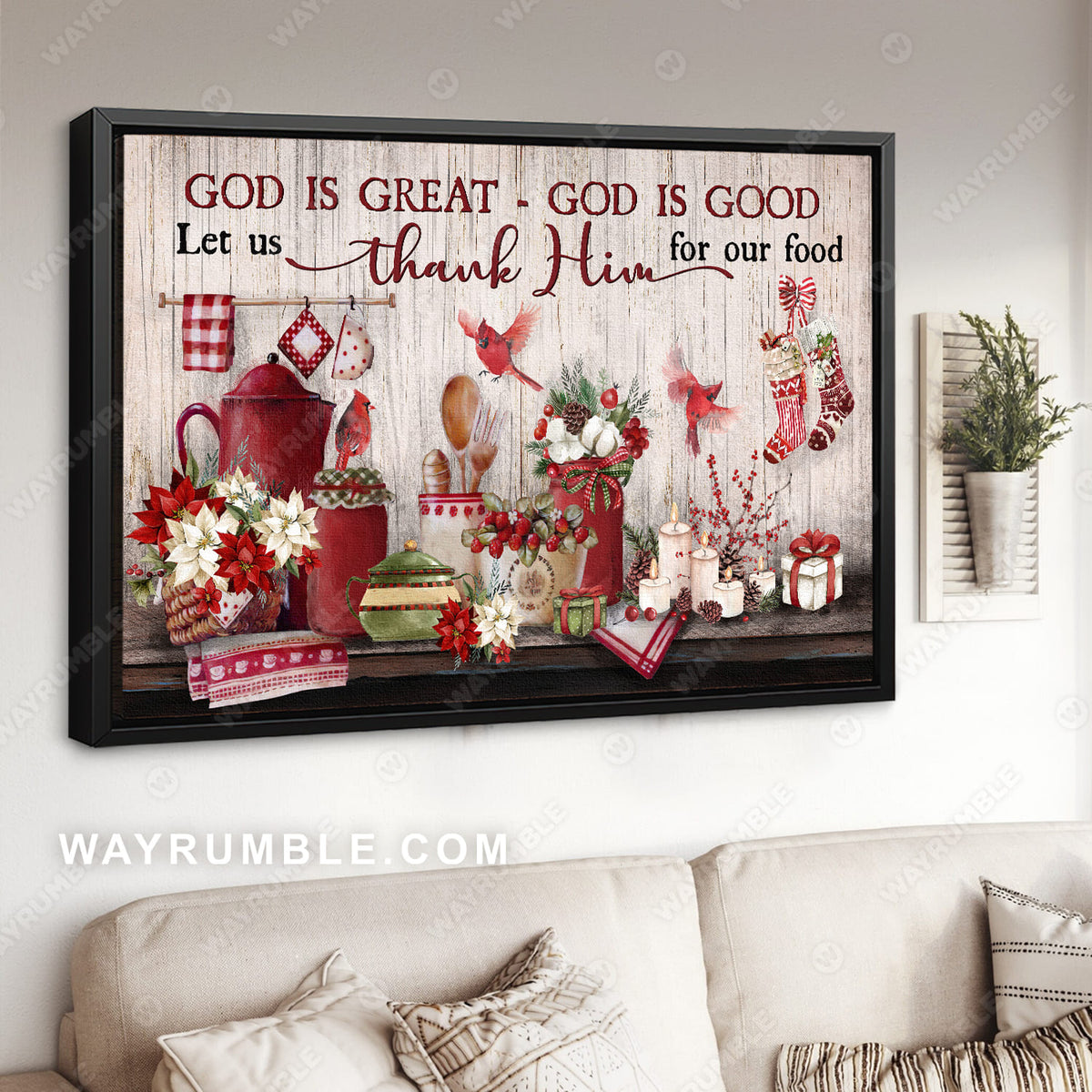 Christmas kitchen, Cardinal, God is great, God is Good - Jesus Landscape Canvas Prints, Wall Art
