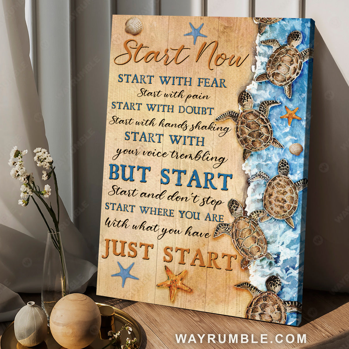 Little sea turtle, Fresh ocean, Orange starfish, Start now, Start with fear - Jesus Portrait Canvas Prints, Christian Wall Art