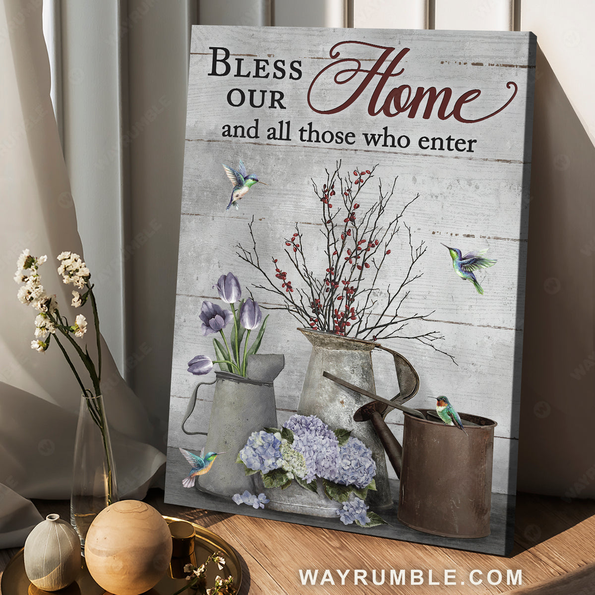 Cranberry, Purple hydrangea, Purple tulip, Bless our home - Jesus Portrait Canvas Prints, Christian Wall Art