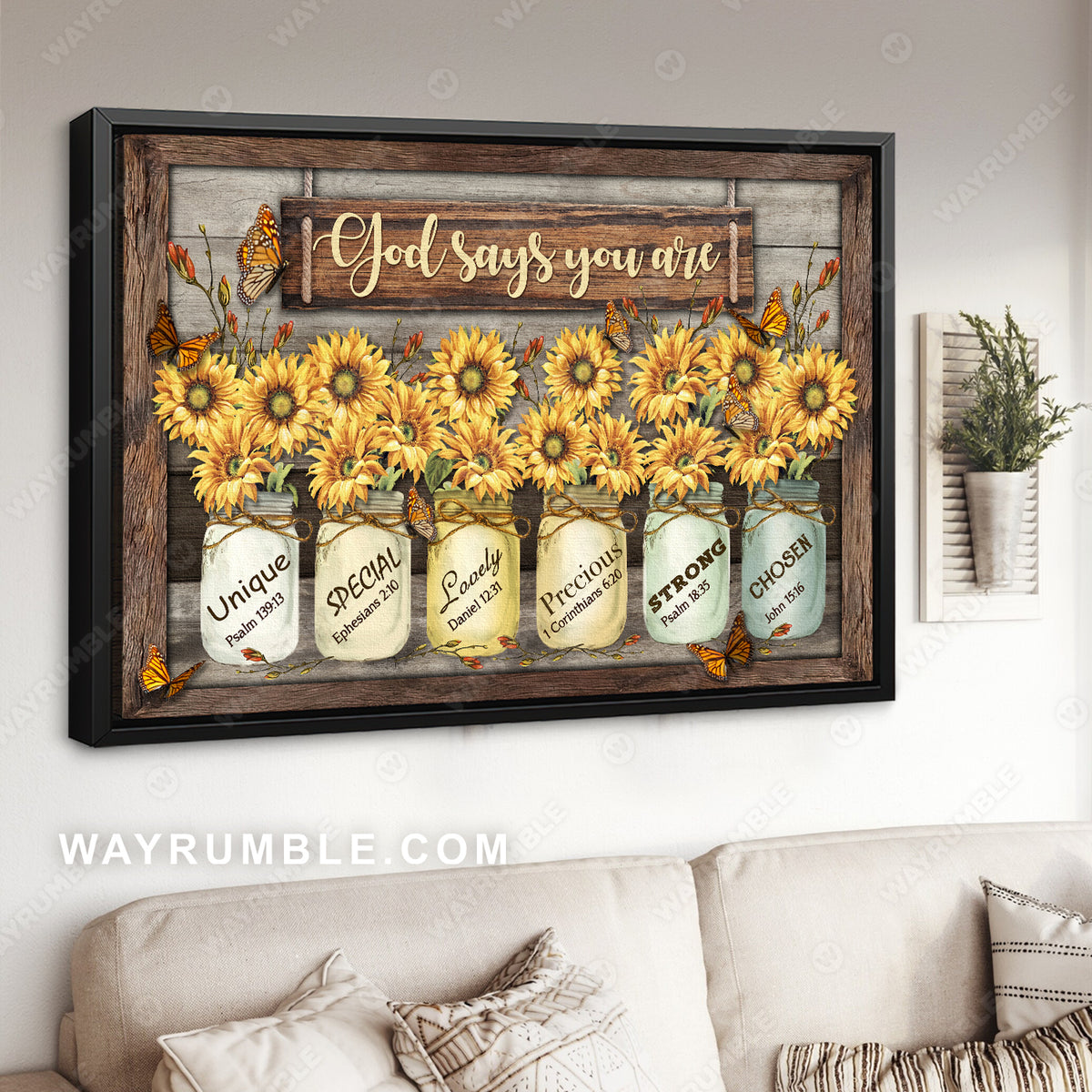 Sunflower jar, Vintage flower, Yellow butterfly, God says you are - Jesus Landscape Canvas Prints, Christian Wall Art