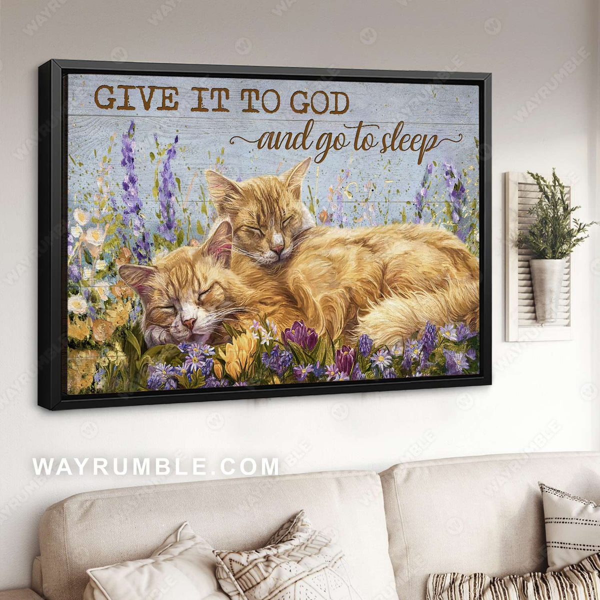 Flower field, Cat painting, Blue background, Give it to God and go to sleep - Jesus Landscape Canvas Prints, Christian Wall Art