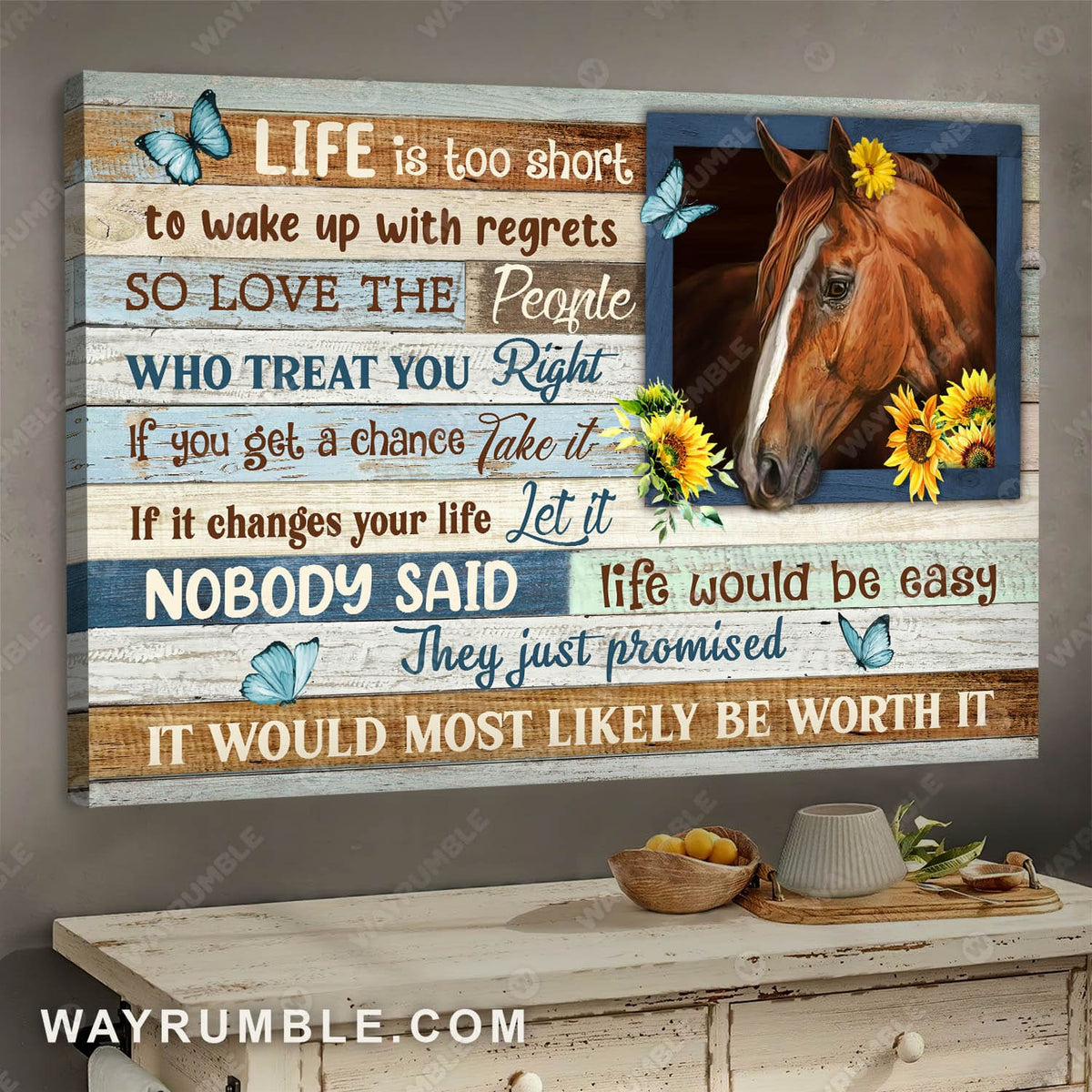 Dream horse, Sunflower painting, Crystal butterfly, Life is too short to wake up with regrets - Jesus Landscape Canvas Prints, Wall Art