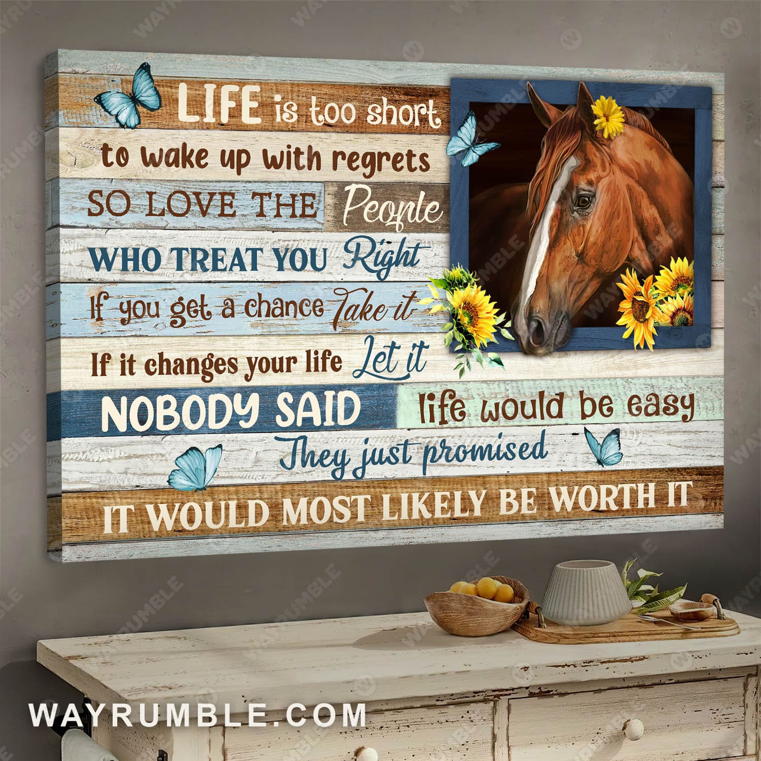 Dream horse, Sunflower painting, Crystal butterfly, Life is too short to wake up with regrets - Jesus Landscape Canvas Prints, Wall Art