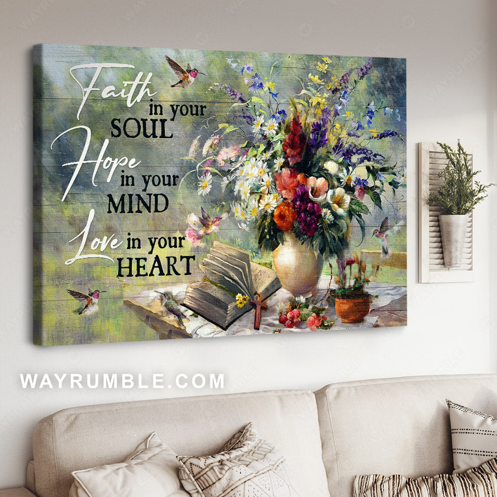 Beautiful flower vase, Vintage bible, Hummingbird, Faith in your soul - Jesus Landscape Canvas Prints, Christian Wall Art