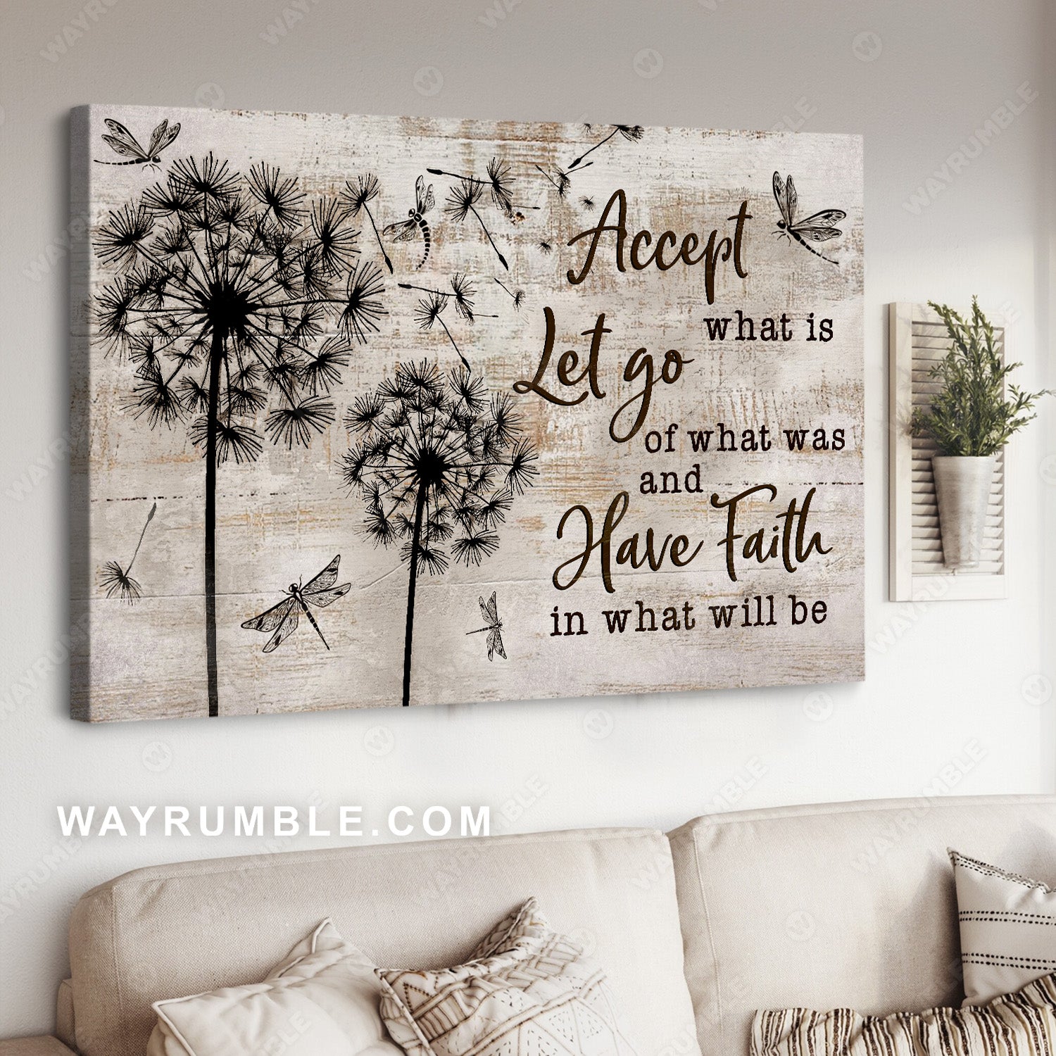 Dandelion field, Black and white painting, Accept what is let go - Jesus Landscape Canvas Prints, Christian Wall Art