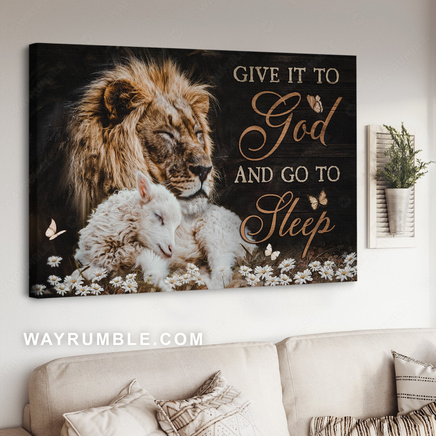 Lion of Judah, Lovely lamb, Daisy flower, Give it to God and go to sleep - Jesus Landscape Canvas Prints, Home Decor Wall Art